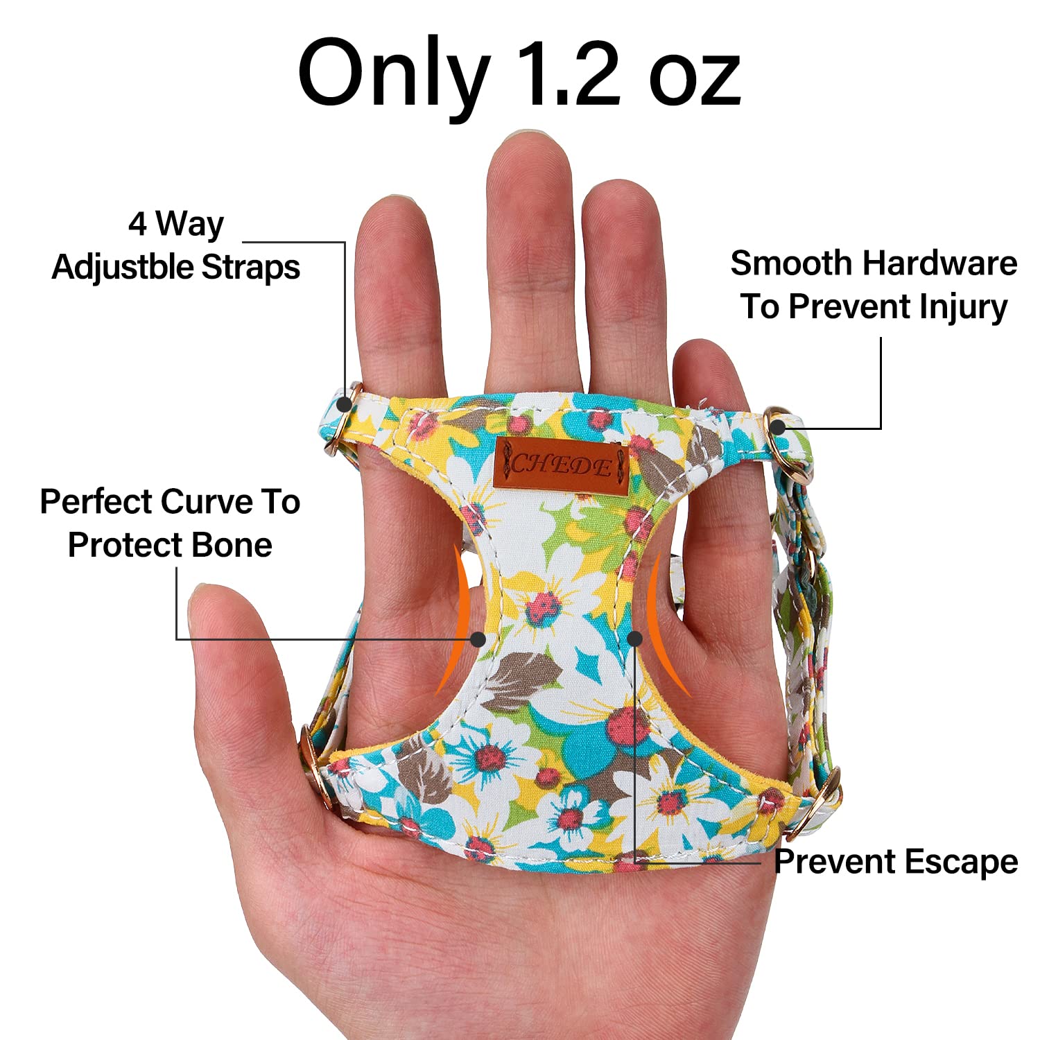 Chede Floral Yellow Daisy Dog Harness (Xs, Small Dogs), Soft Breathable Cotton, Adjustable, No-Pull, With 360 Rotating Clasp Lea