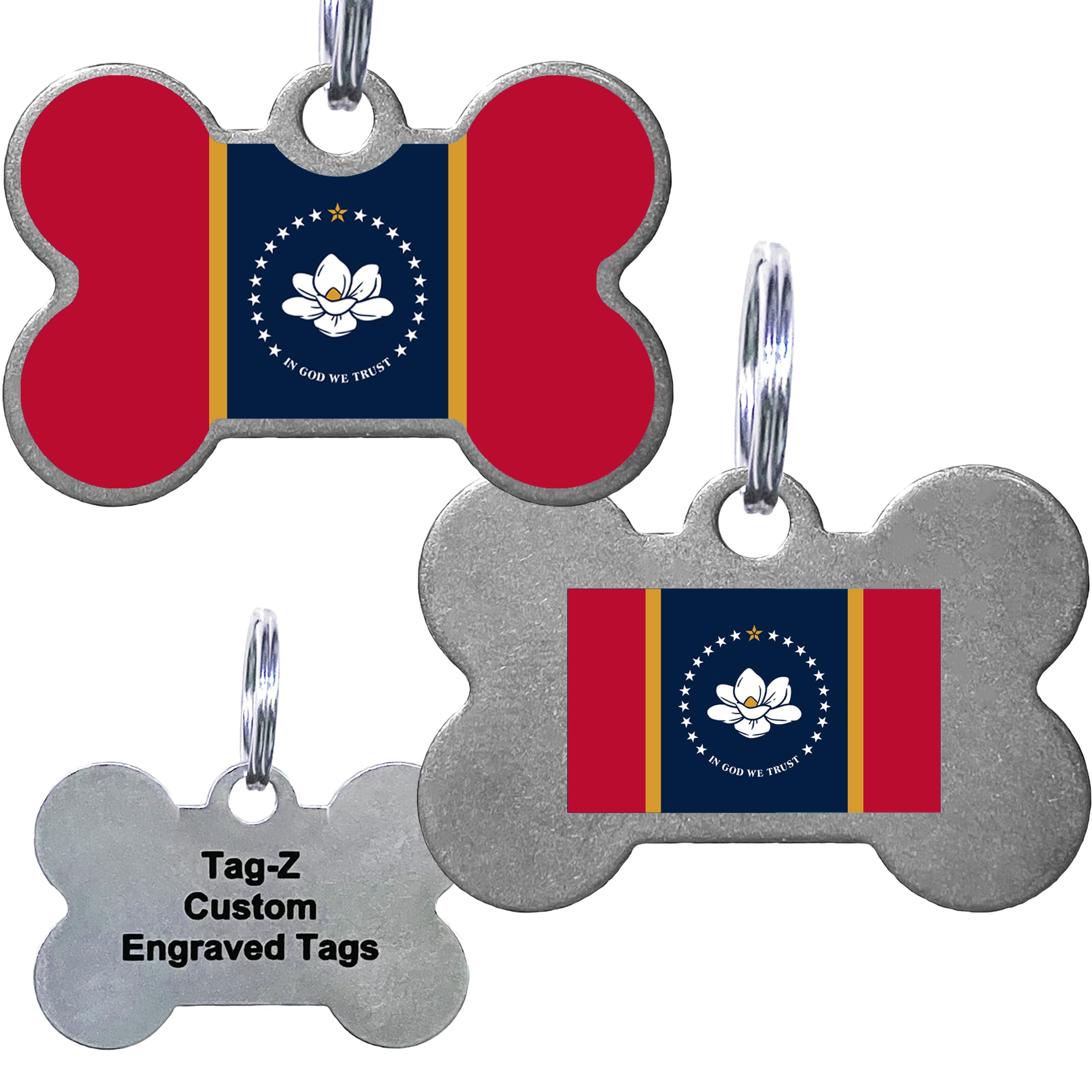 Mississippi Flag Pet Id Tags, Custom Printed And Laser Engraved Bone