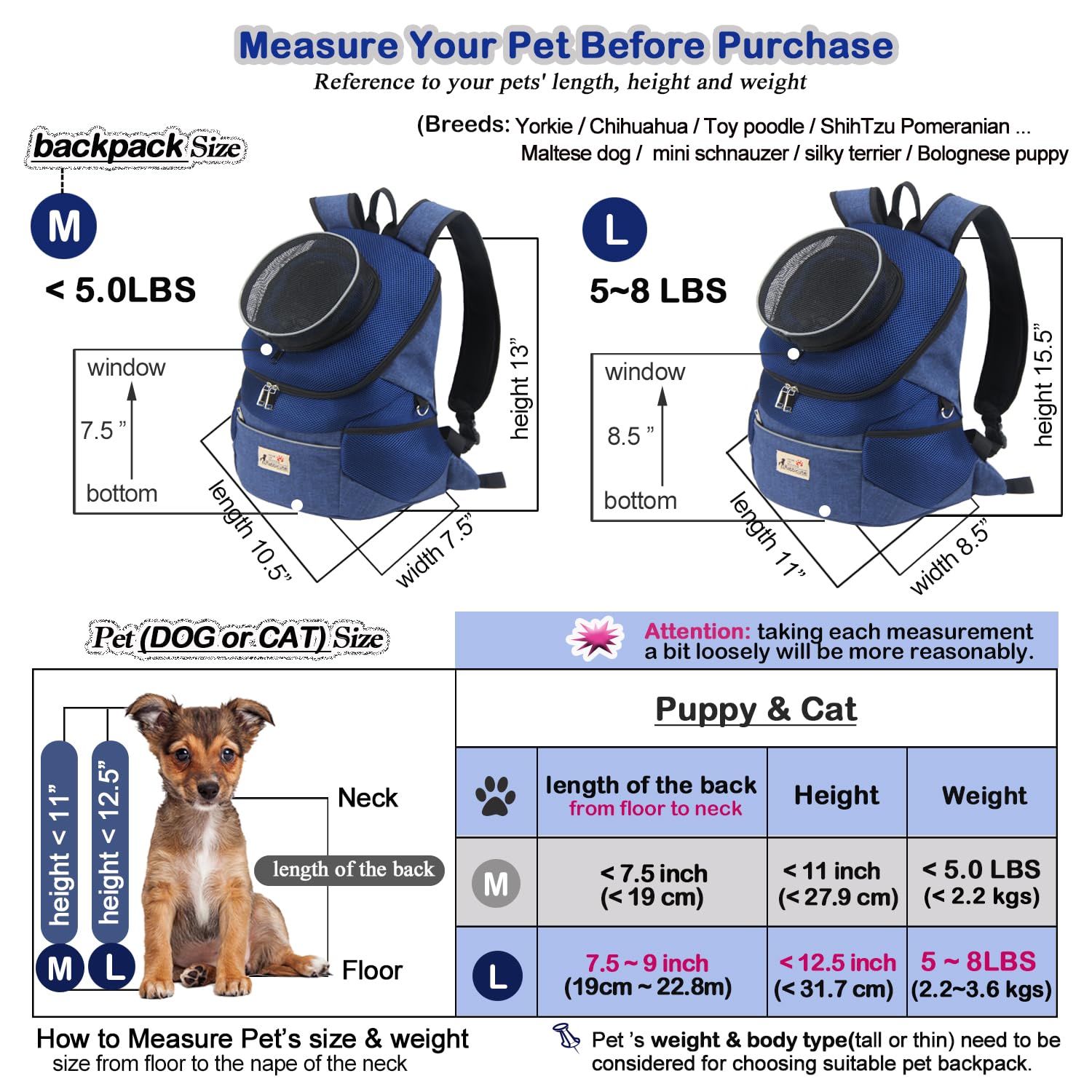 Rabbicute Pet Dog Carrier Backpack Adjustable Breathable Front Pack Head Out Removable Design Puppy Cat Dog Backpack For Small Dogs Cats Padded Shoulder Bag For Travelling Hiking Camping Outdoor Trip