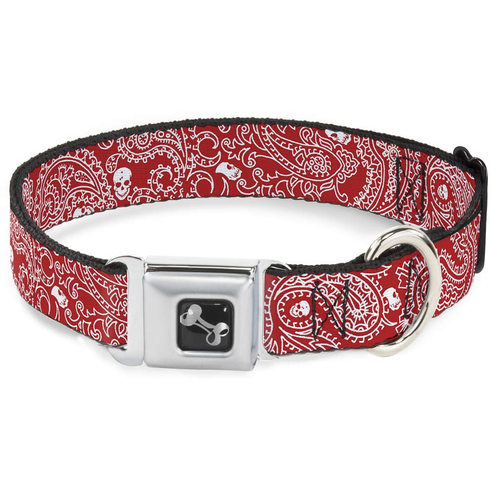 Buckle-Down Seatbelt Buckle Dog Collar - Bandana/Skulls Red/White - 1'' Wide - Fits 9-15'' Neck - Small