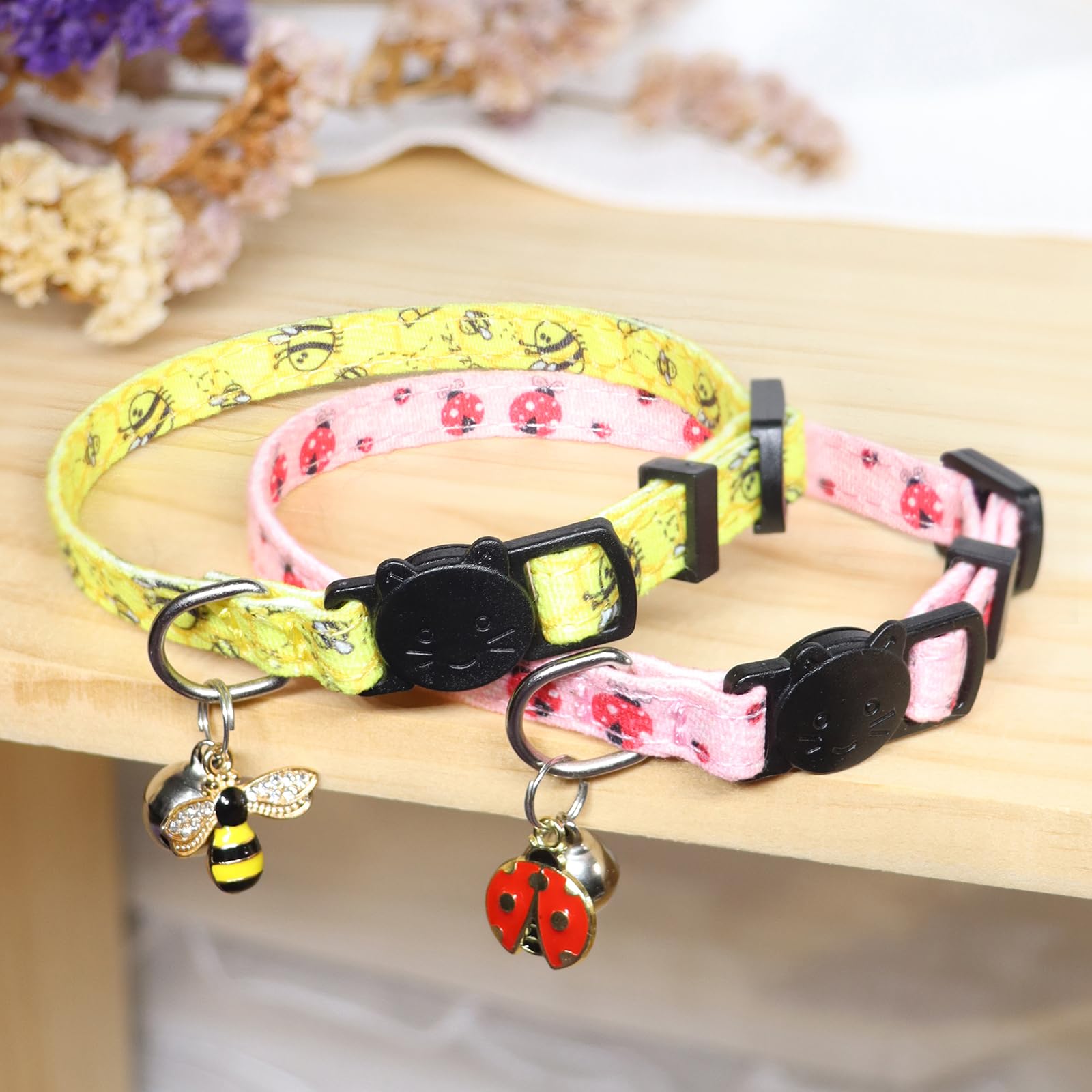 Giecooh Cotton Cat Collar, 2 Pack Breakaway Cats Collars With Bells, For Girl Boy Kittens, Bee And Ladybug
