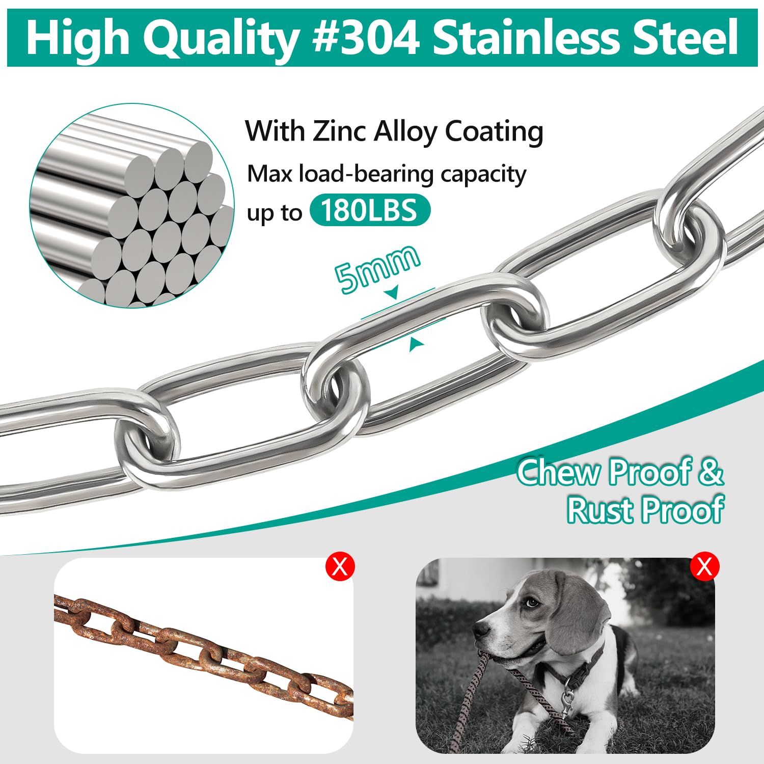 Tresbro Heavy Duty Dog Chains For Outside, 10Ft Stainless Steel Tie Out Cable With Swivel Hook For Large Dogs, Metal Chew Proof