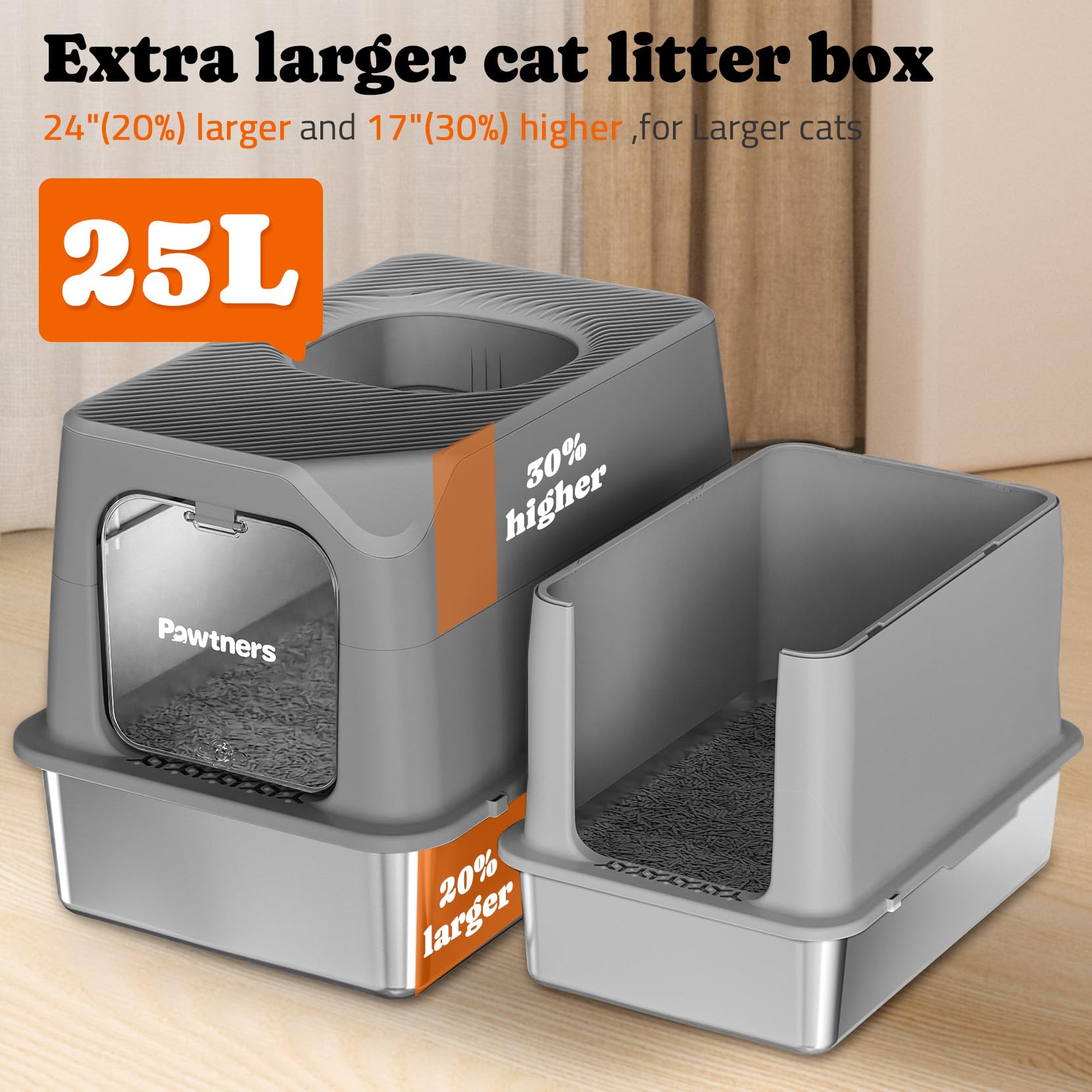 Pawtners Stainless Steel Cat Litter Box, Xl Extra Large Enclosed Kitty Litter Pan, Front Entry Top Exit Hooded Metal Cat Toilet