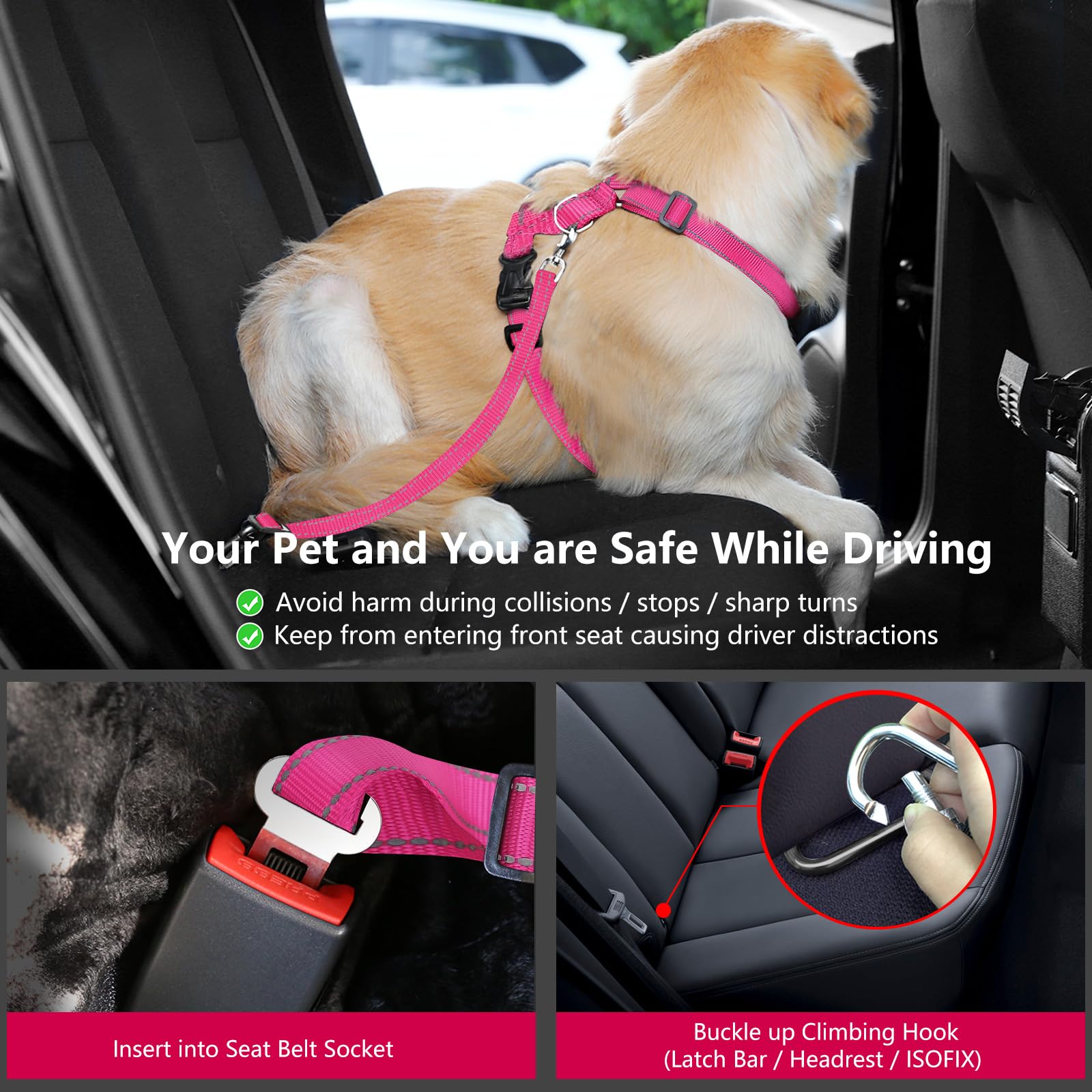 Vavopaw Dog Seat Belt Harness For Car, Dog Car Harness Adjustable Mesh Breathable & Dog Seatbelt Safety Tether With Elastic Bung