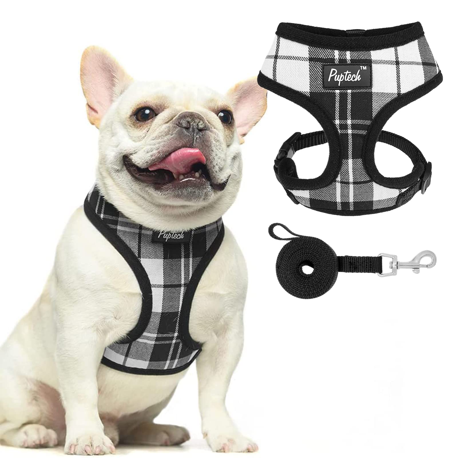 Pupteck Soft Mesh Dog Harness And Leash Set Pet Puppy Cat Comfort Padded Vest No Pull Harnesses, Black&White, S