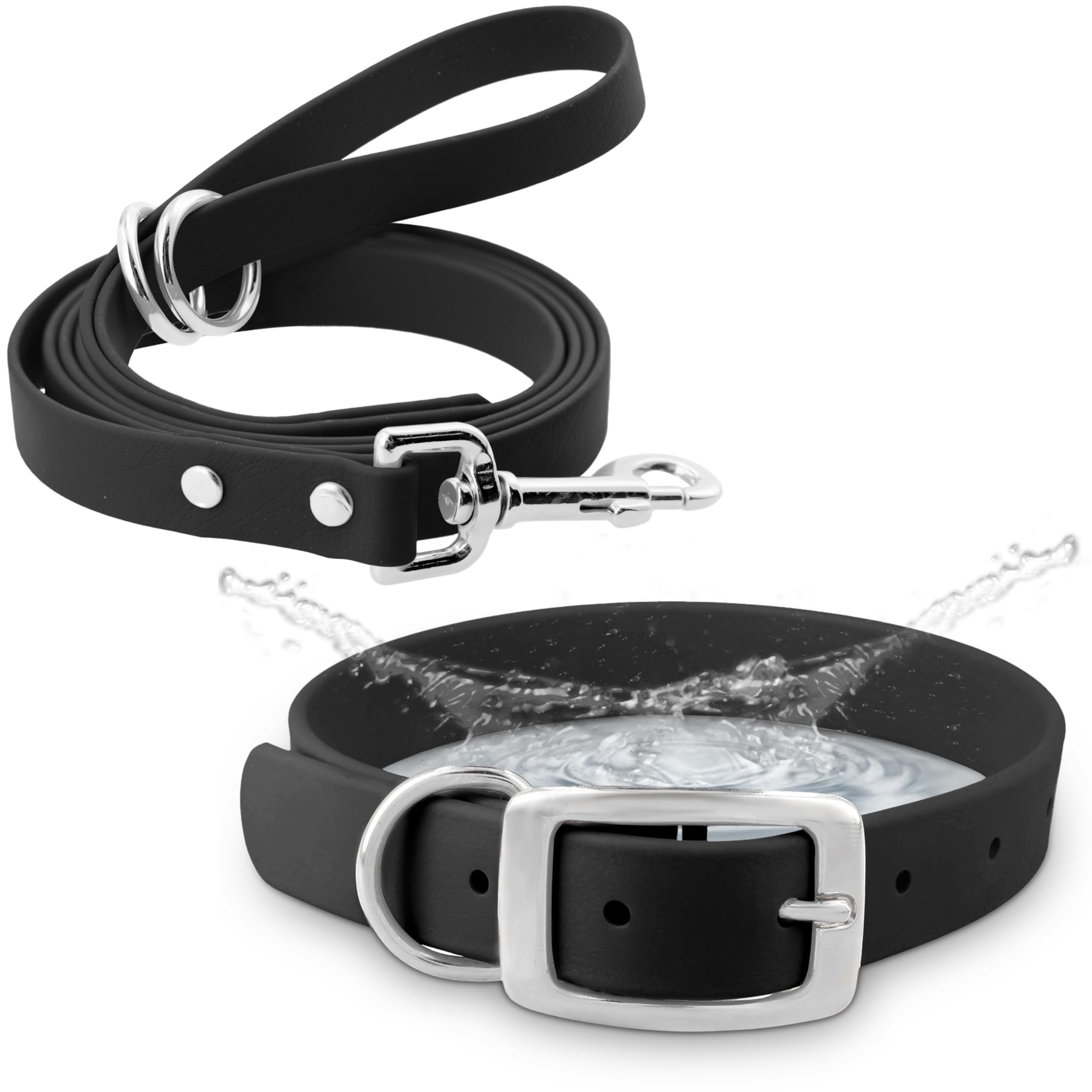Regal Dog Products Medium Black Waterproof Dog Collar and Leash Set | Heavy Duty Double Buckle & D Ring - 5'ft Leash | Adjustabl