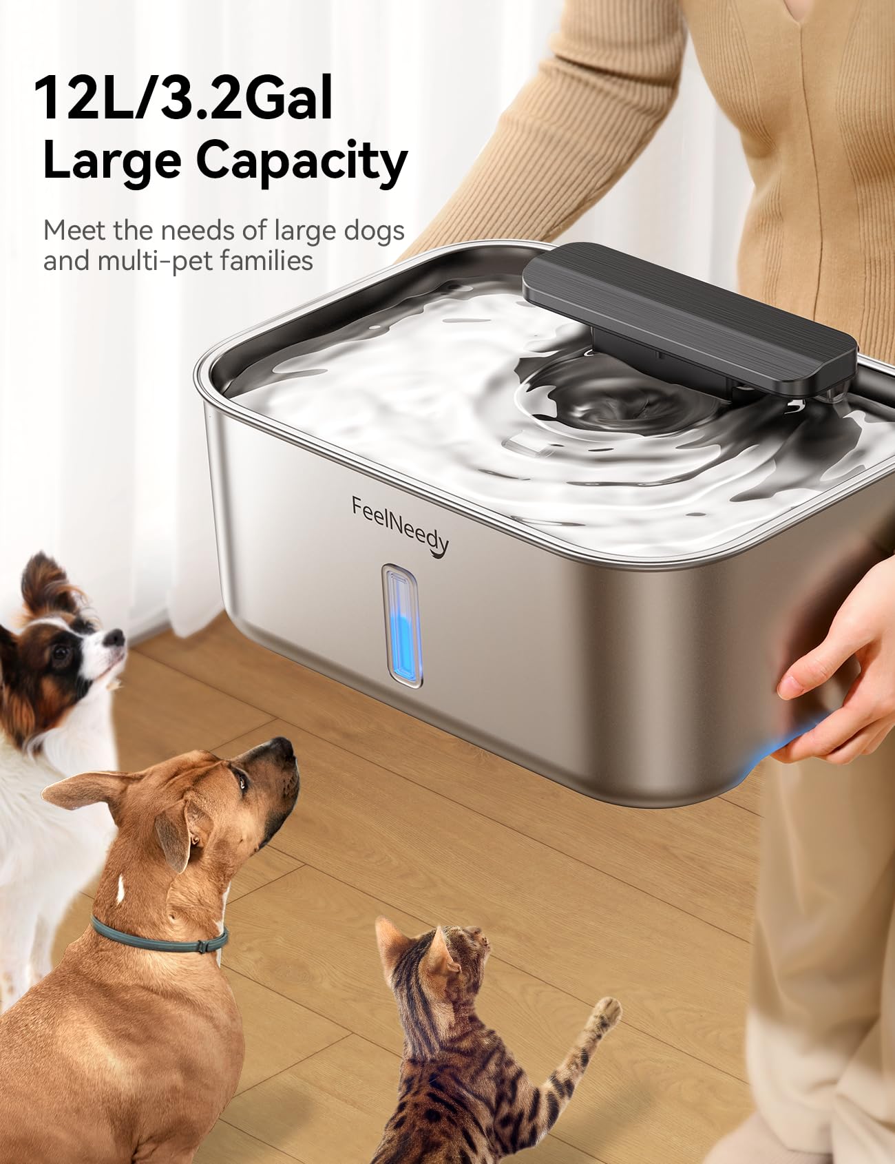 FEELNEEDY 3 Gal Stainless Steel Dog Water Fountain for Large Dog, Pet Water Fountain, Dog Water Bowl Dispenser with Water Level