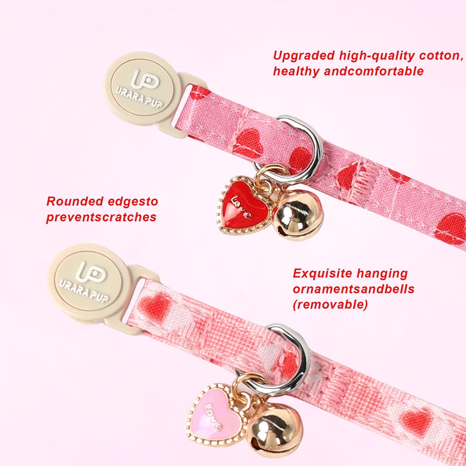 Up Urara Pup Cat Collar, 2 Pack Cat Collars-Cute Breakaway Cat Collar With Bell & Pendant, Valentine'S Day Kitten Collars Pink H