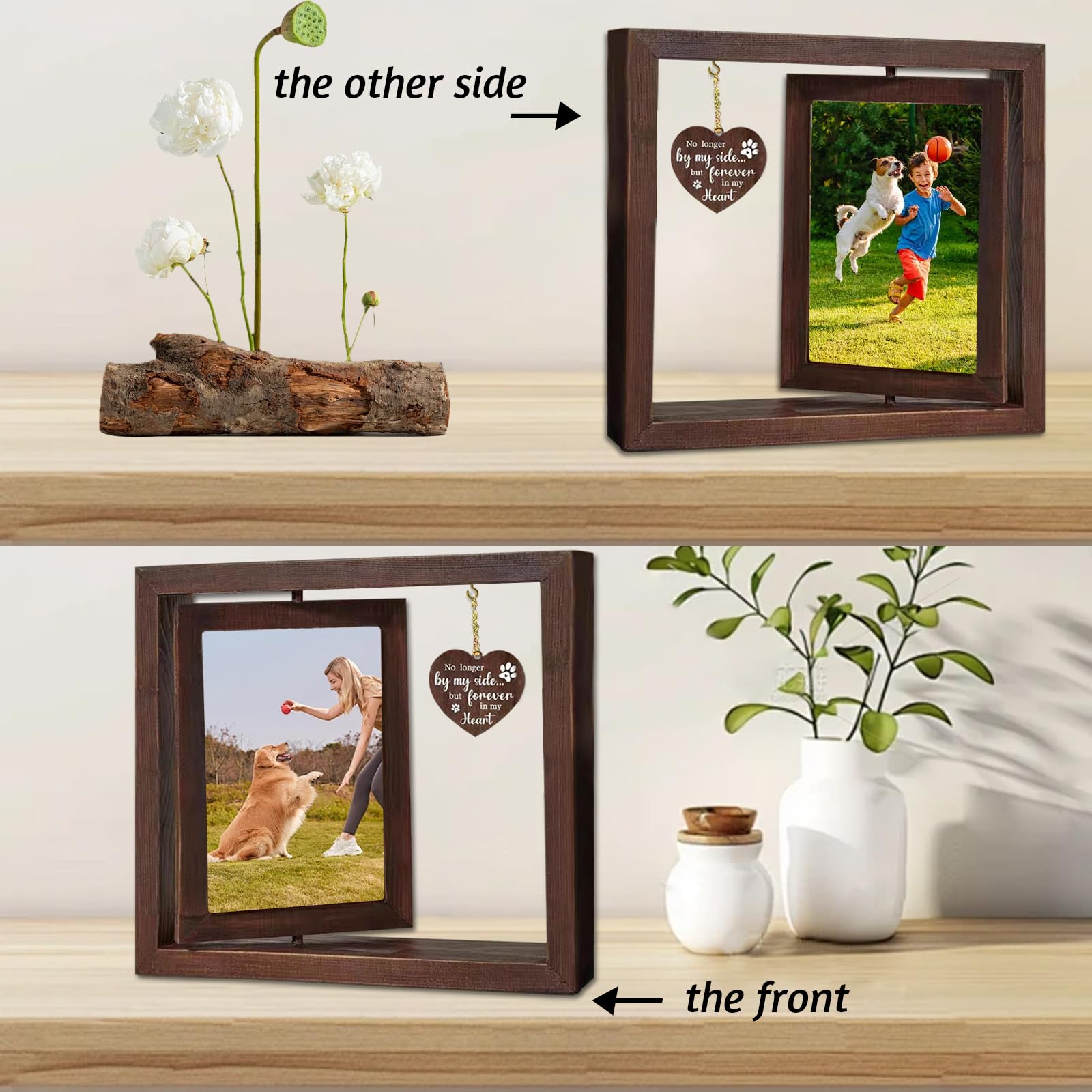 Bigladious Dog Memorial Gifts Picture Frame, Pet Memorial Gifts For Loss, Rotating Wooden Picture Frame For 4X6 Inches Photos, S