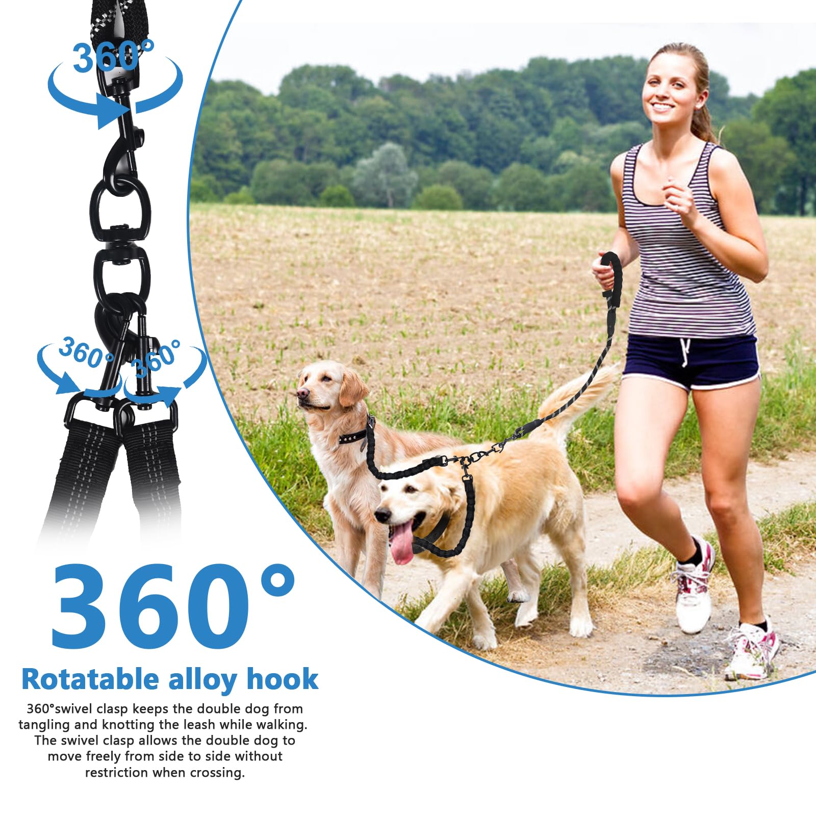 2 Way Dog Leash,No Tangle For Two Dogs, 3 In 1 Dog Leash With 360 Swivel, Shock Absorbing, Reflective Threads Comfort Foam Handl