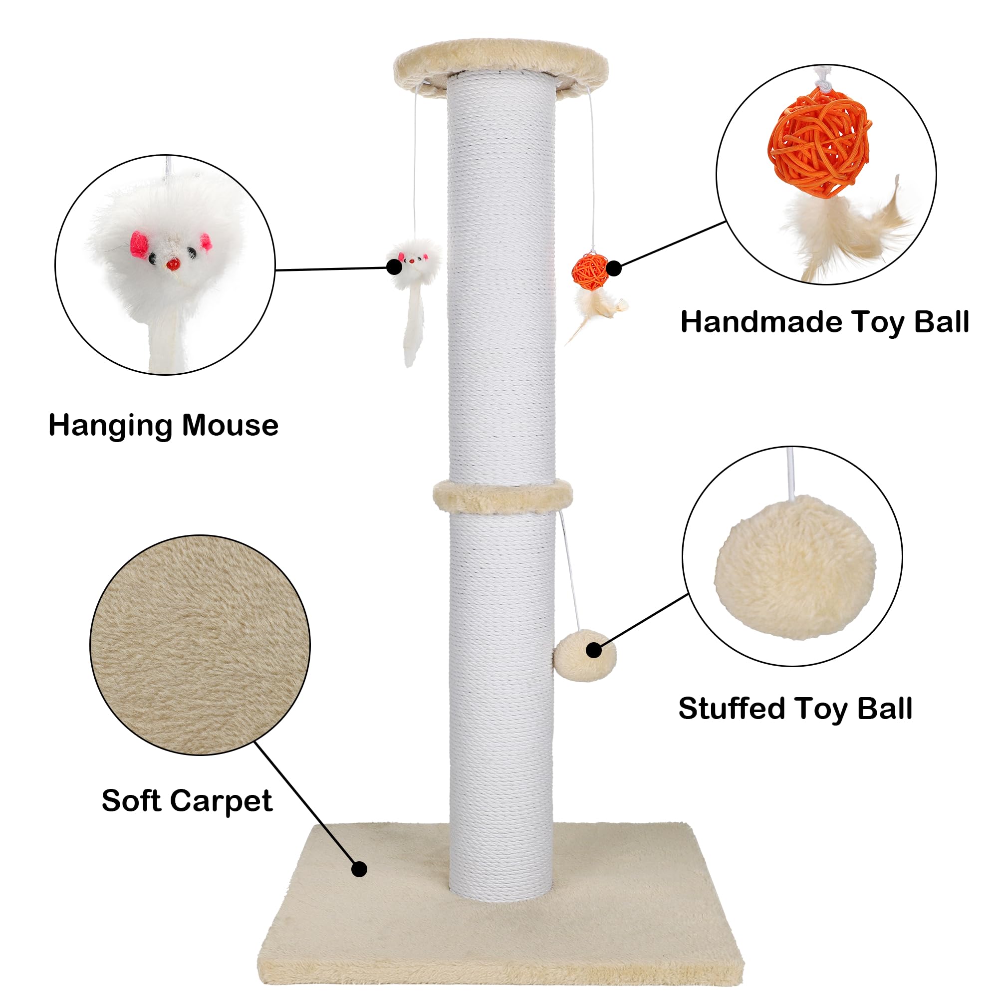 Ahomdoo 36.5 Inch Cat Scratching Post Heavy Duty Cat Scratch Post Handmade Cotton Rope With Hanging Toys For Ultimate Cat Fun(Be