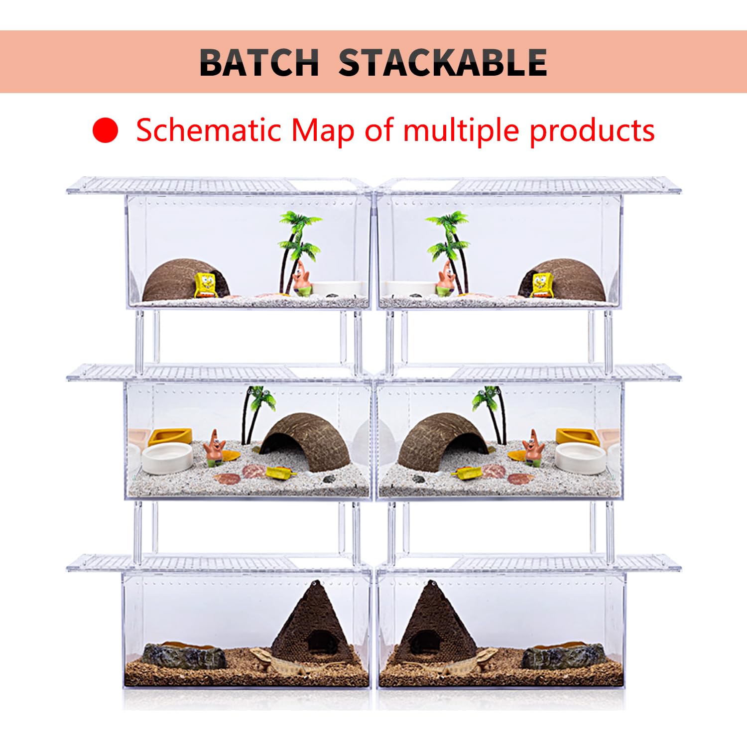 ?No Assembly? Reptile Tank Enclosure With Magnetic Button.12'' * 8'' * 6'' Thicken Snake Enclosure Cage,Batch Stackable Reptile