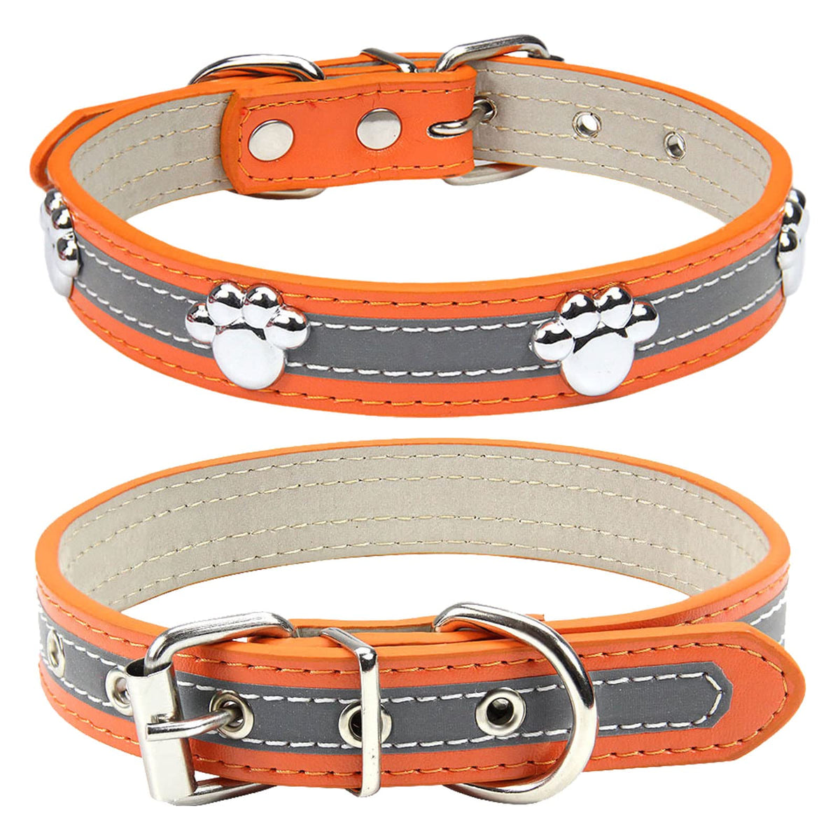 Petcare Reflective Dog Collar With Cute Paw Rivet Studded Funny Soft Pu Leather Adjustable Puppy Dog Collars For Small Medium Large Dogs Cats (Orange,Medium)