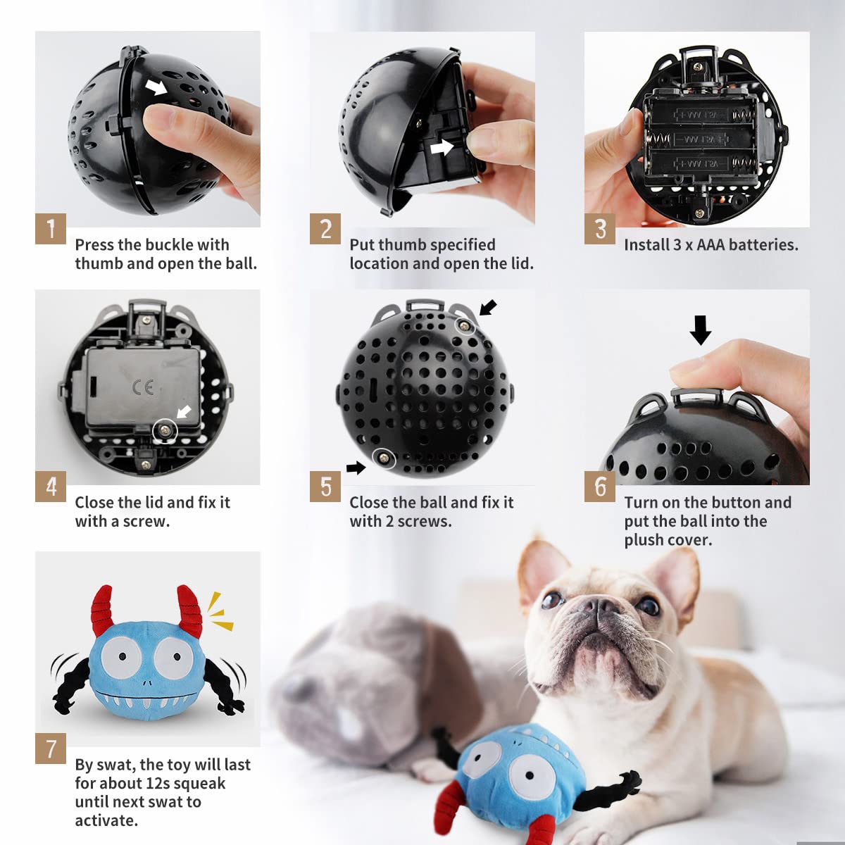 Namsan Giggle Plush Dog Toy Interactive Dog Toys Pet Squeaky Toy With Jumping Activation Ball For Dogs Playing (Blue Monster)