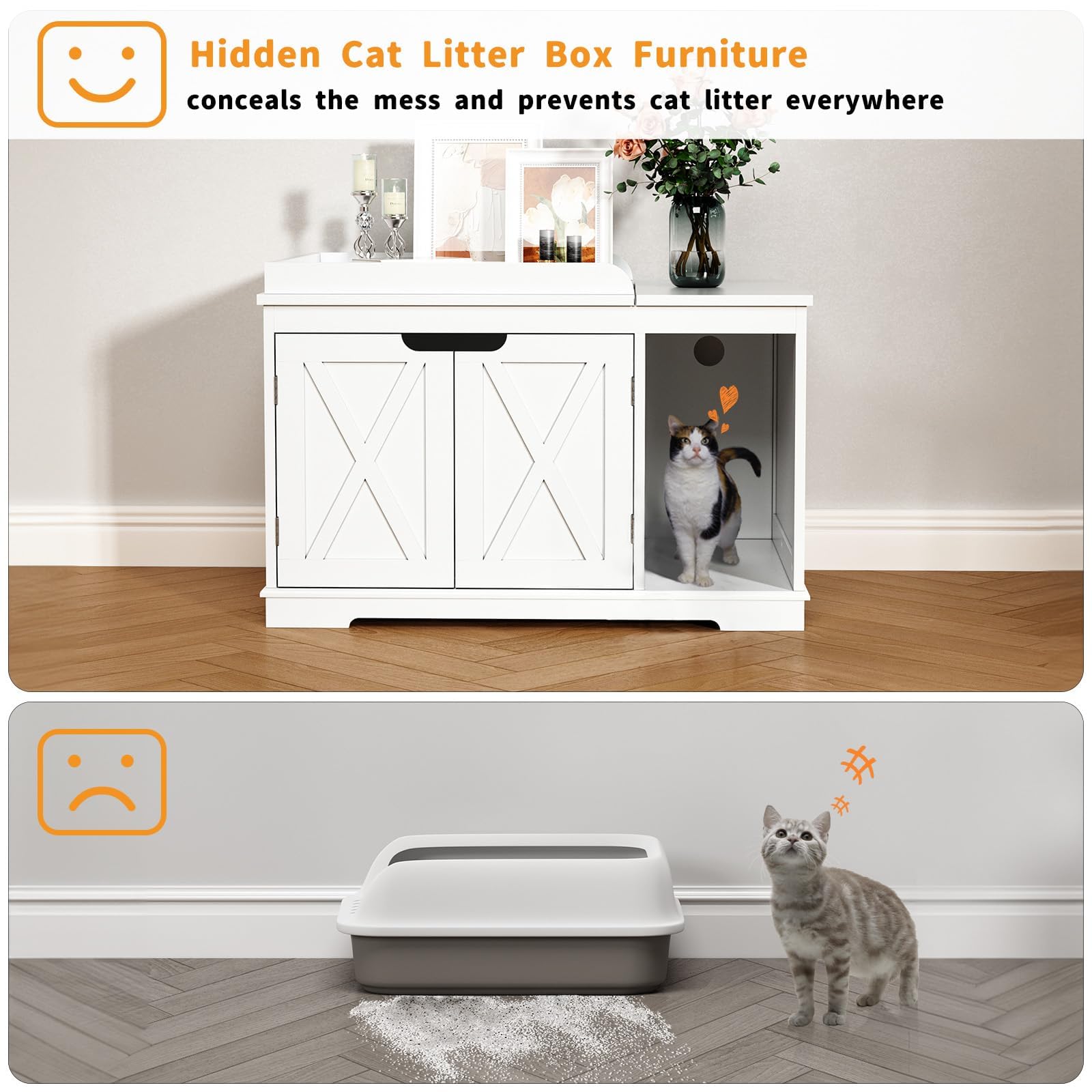 Pupetpo Flip Top Cat Litter Boxes Enclosure Covered Litter Box Hidden Furniture Wooden Cat Washroom Cabinet For Kitty, Medium An
