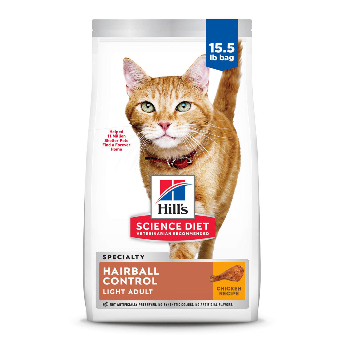 Hill'S Science Diet Hairball Control Light, Adult 1-6, Weight Management & Hairball Control Support, Dry Cat Food, Chicken Recipe, 15.5 Lb Bag