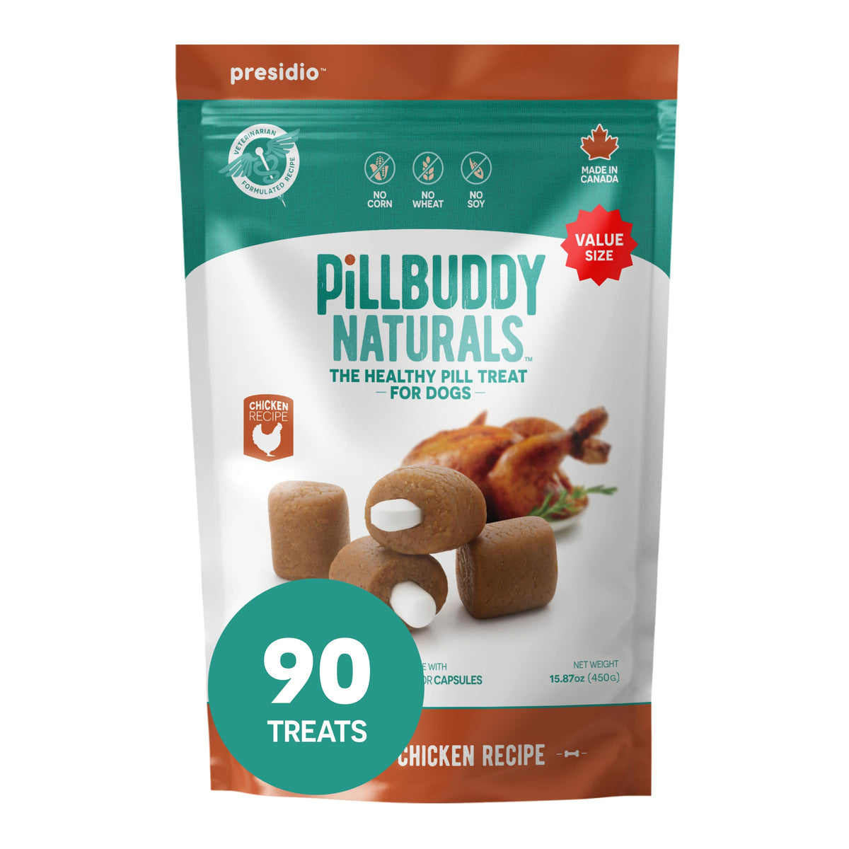 Presidio Pill Buddy Naturals - Chicken Recipe Pill Hiding Treats For Dogs - Make A Perfect Pill Concealing Pocket Or Pouch For Any Size Medication - 90 Servings