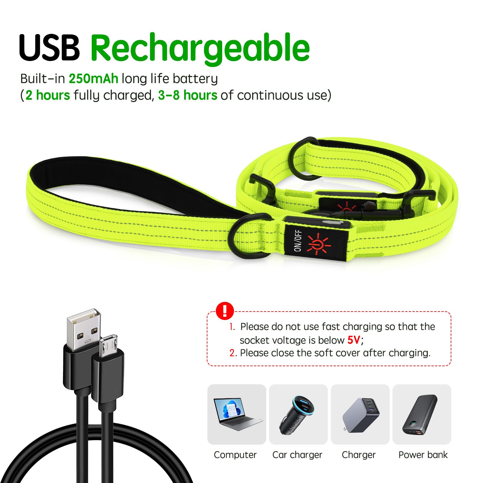 Dlitk Light Up Dog Leash, Led Leashes Rechargeable, Nylon Reflective Lead With Padded Handle For Night Walking, Safety Glow Ligh