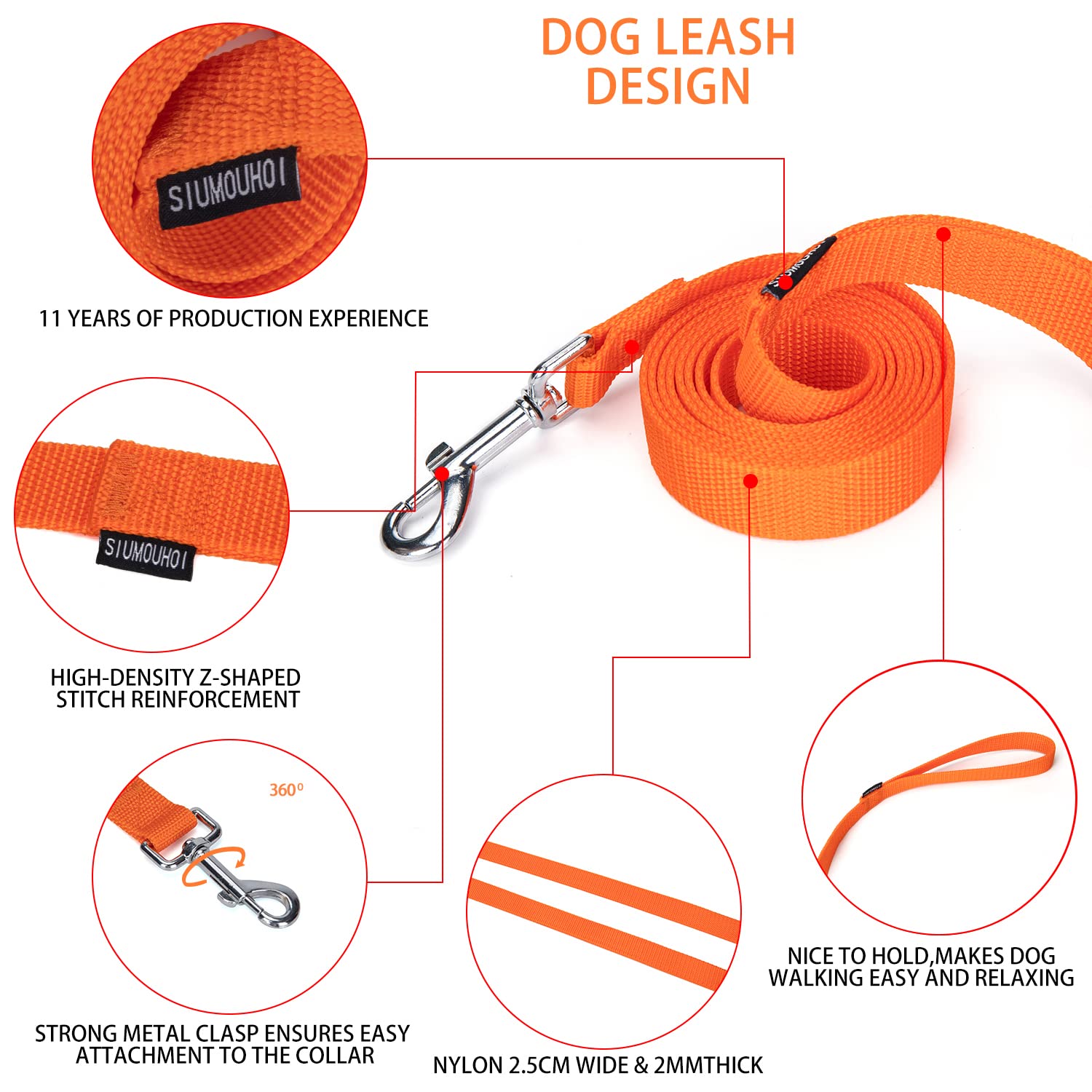 Siumouhoi Strong Durable Nylon Dog Training Leash, 1 Inch Wide Traction Rope, 6 Ft 10Ft 15Ft Long, For Small And Medium Dog (Ora