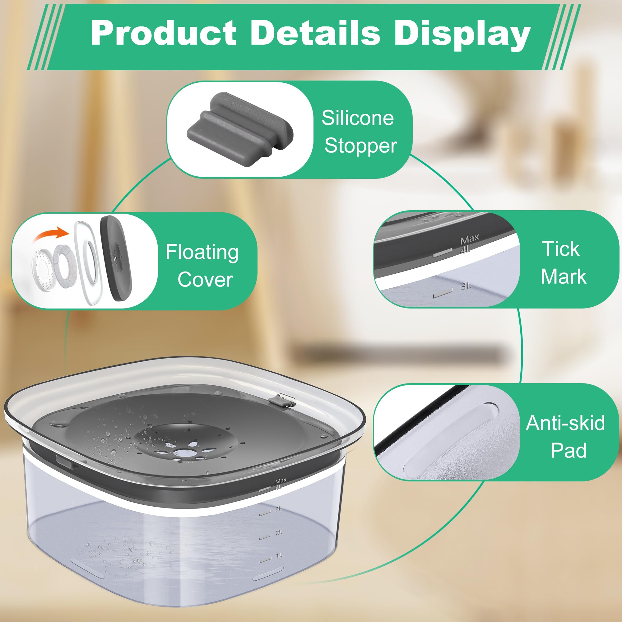 Decflow 4L Dog Water Bowl, Super Large Capacity Dog Bowl With Carbon Filter, Anti-Choking No Spill Water Bowl With Slow Water Fe