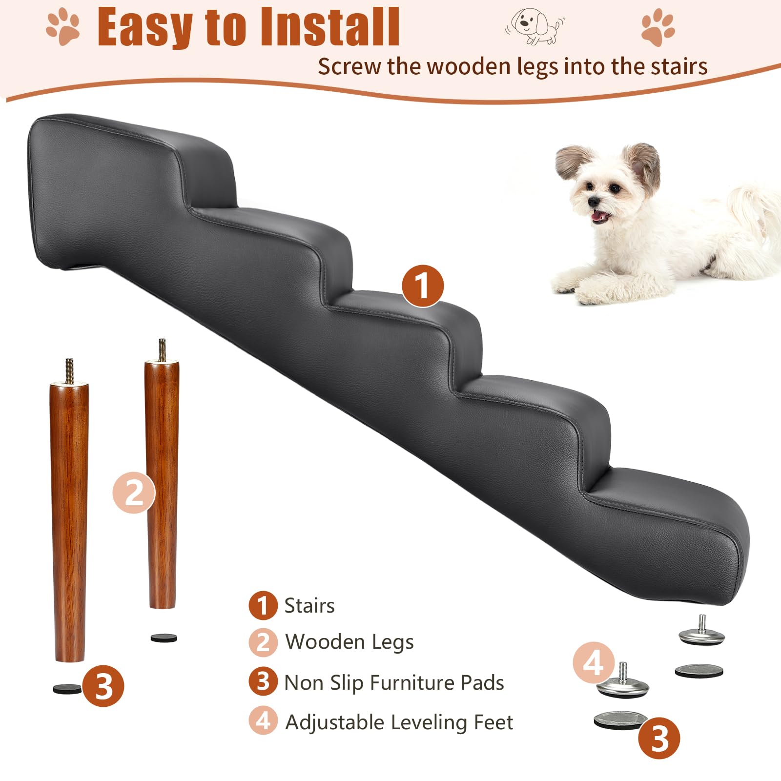 Senneny Black Faux Leather Dog Stairs, For Pets Up To 150 Lbs, Waterproof, Scratch Resistant Pet Steps/Stairs With High Density