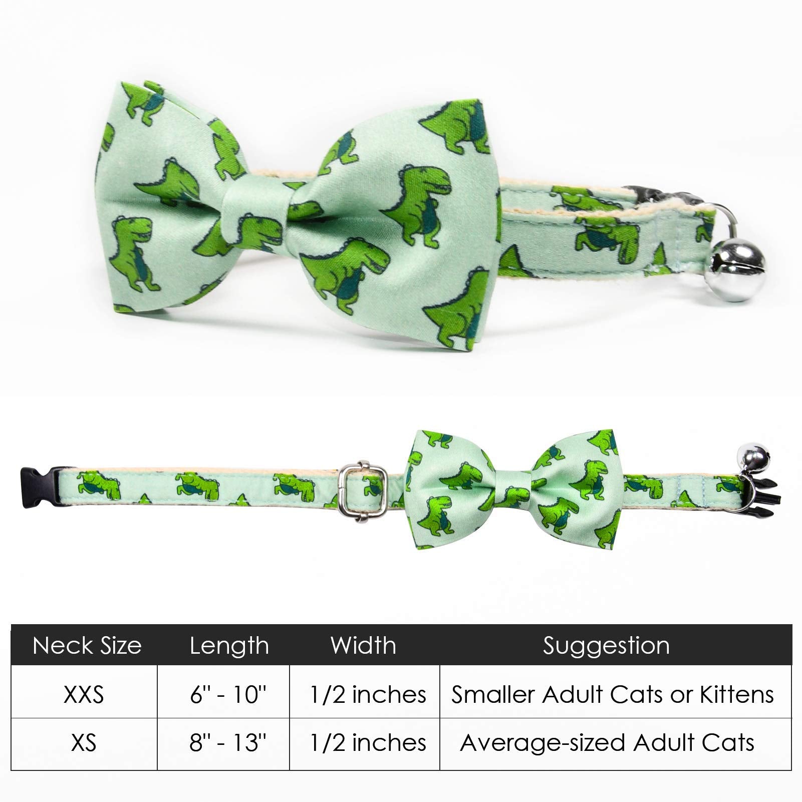 Dinosaur Cat Breakaway Collar Bow Tie With Bell, Safety Buckle Collar Bowtie For Cats