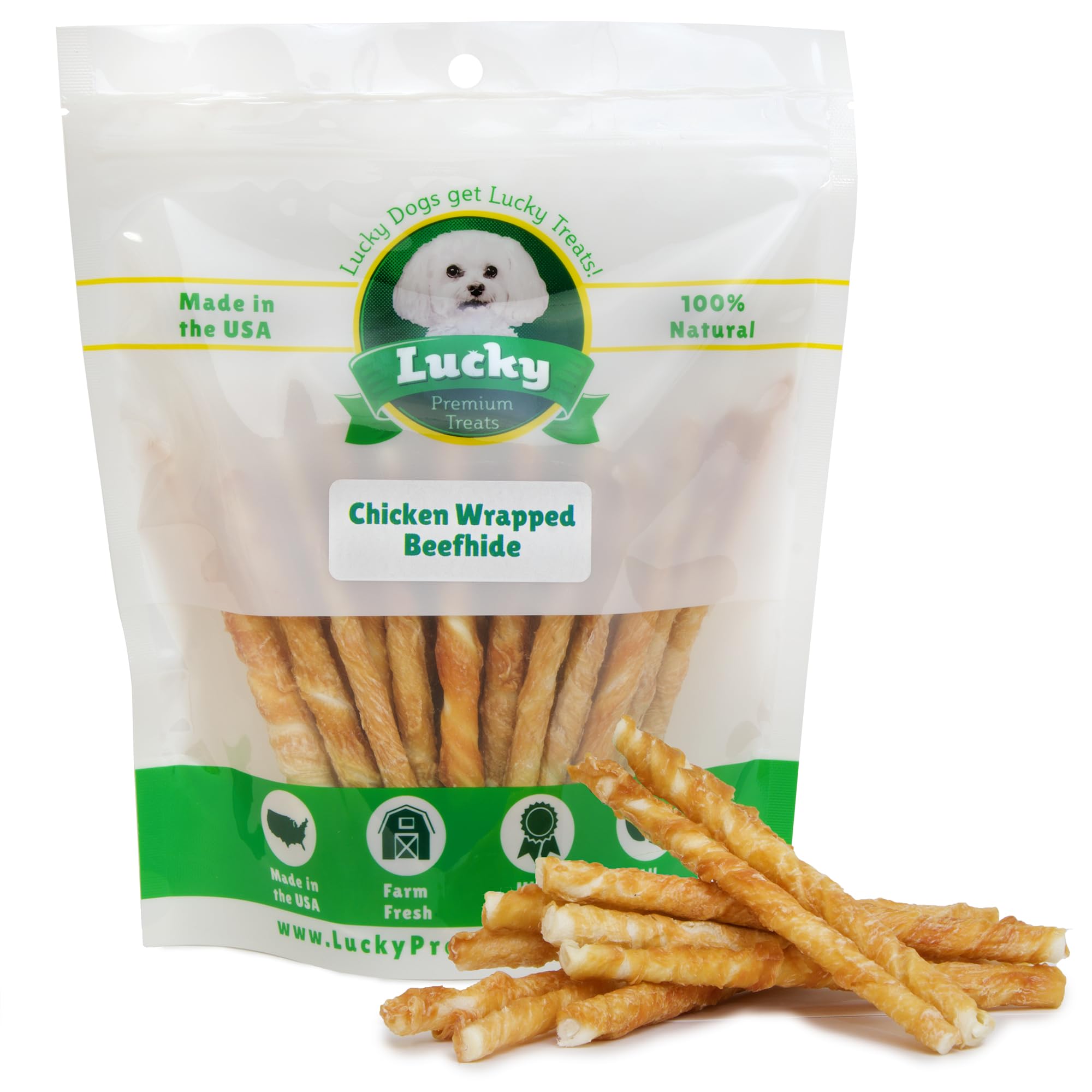 Lucky Premium Treats Chicken Wrapped Dog Treats - USA Made Raw Hide Sticks for Small & Toy Size Dogs - Long Lasting, Preservativ