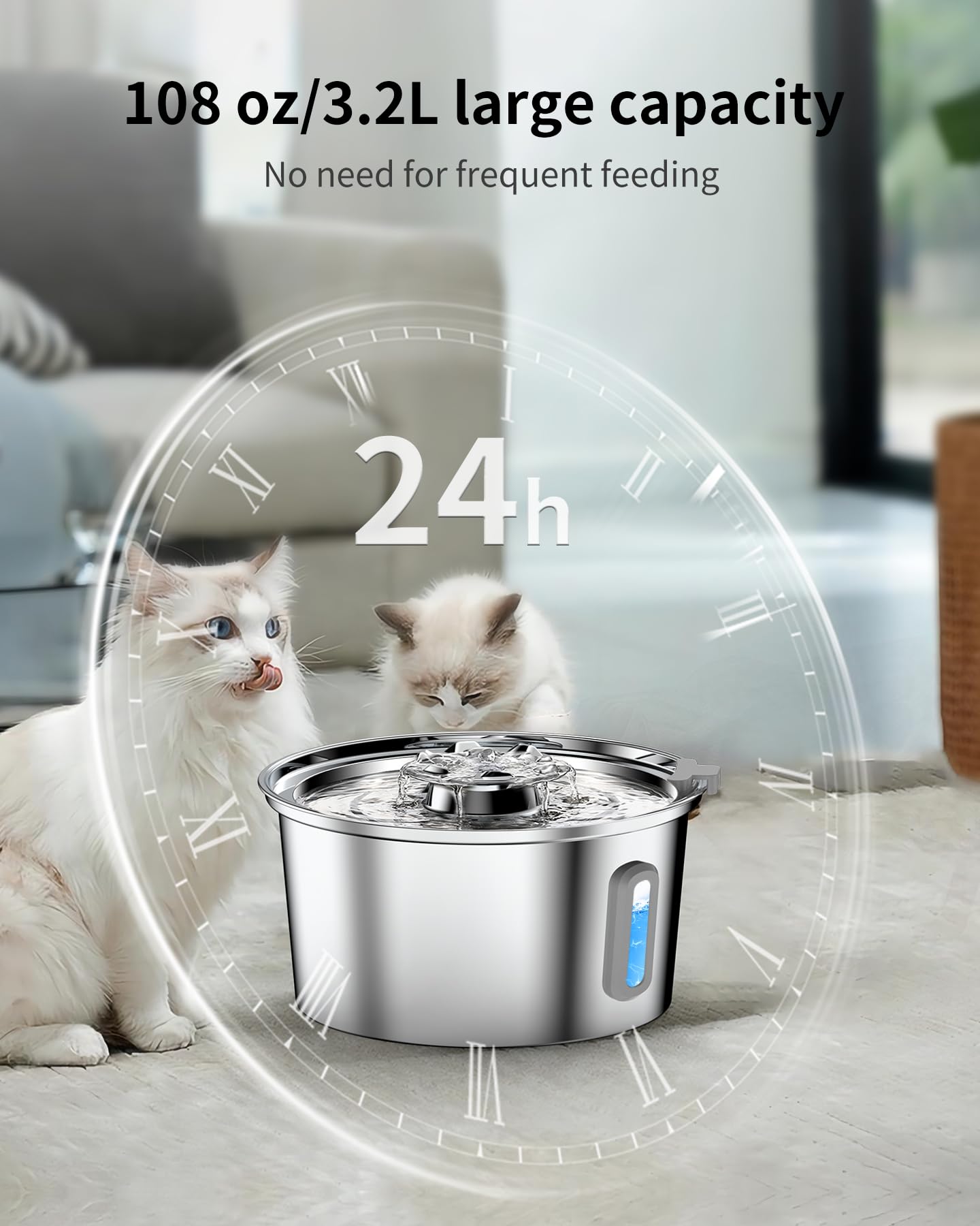 Cat Water Fountain,3.2L/108Oz Cat Fountain With Water Level Window,Stainless Steel Pet Water Drinking Fountain For Cats Inside,Q