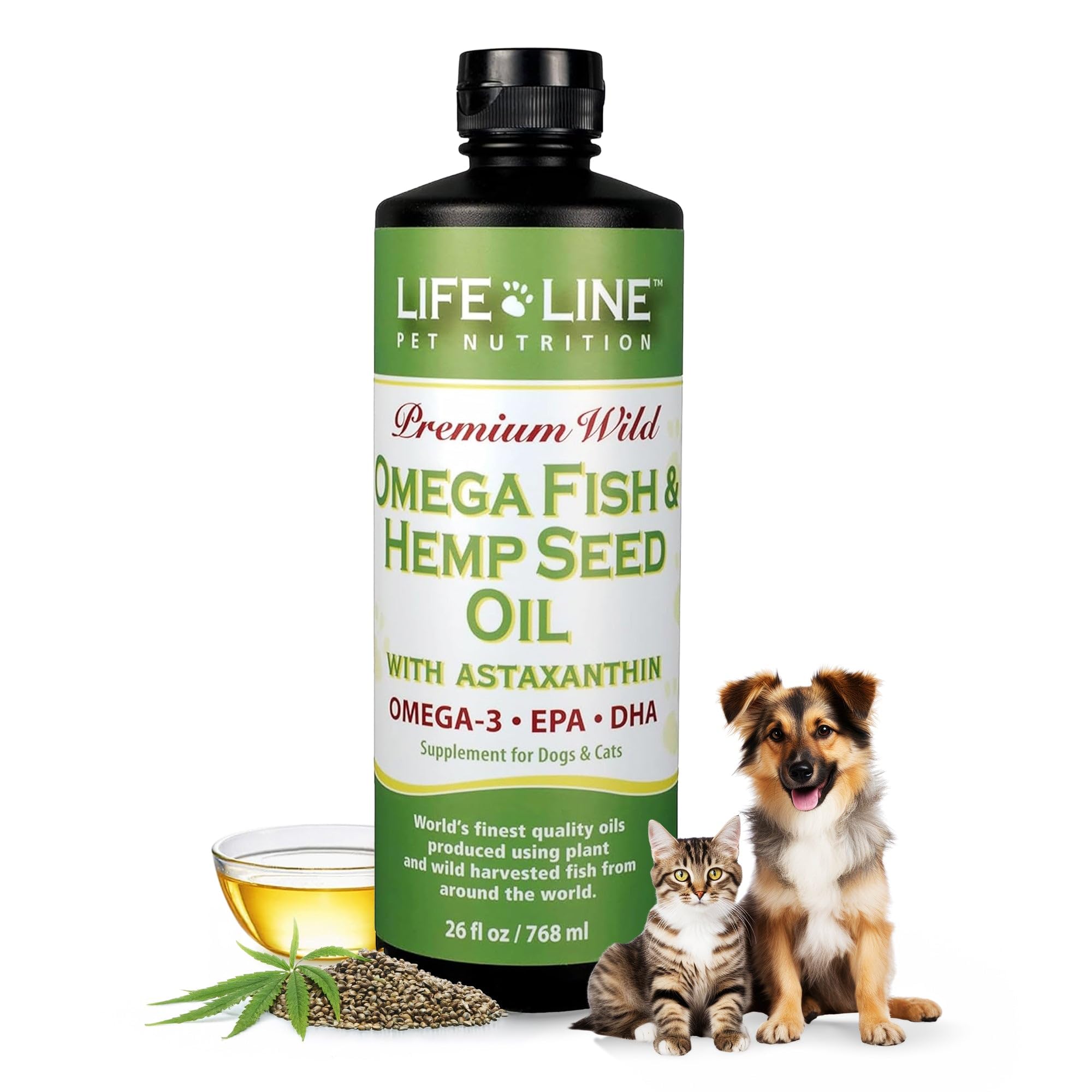 Life Line Pet Nutrition Omega Fish & Hemp Seed Oil - Omega 3 Supplement for Improved Skin, Coat and Joint Health, 26 Fl Oz