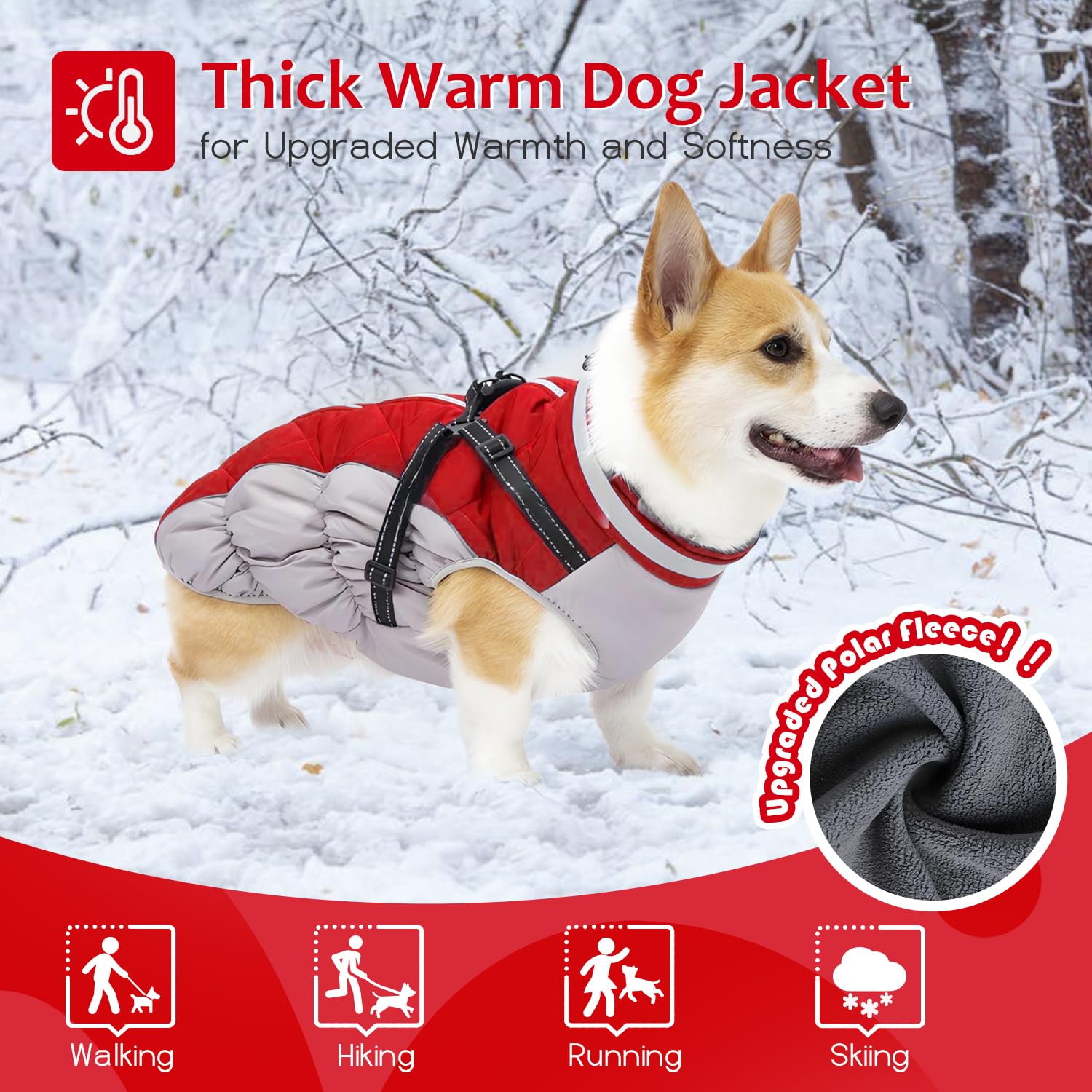Abuandi Dog Winter Coat with Harness, Dog Jacket Clothes with Zipper on Back, Waterproof Windproof Warm Vest, Reflective Cold We