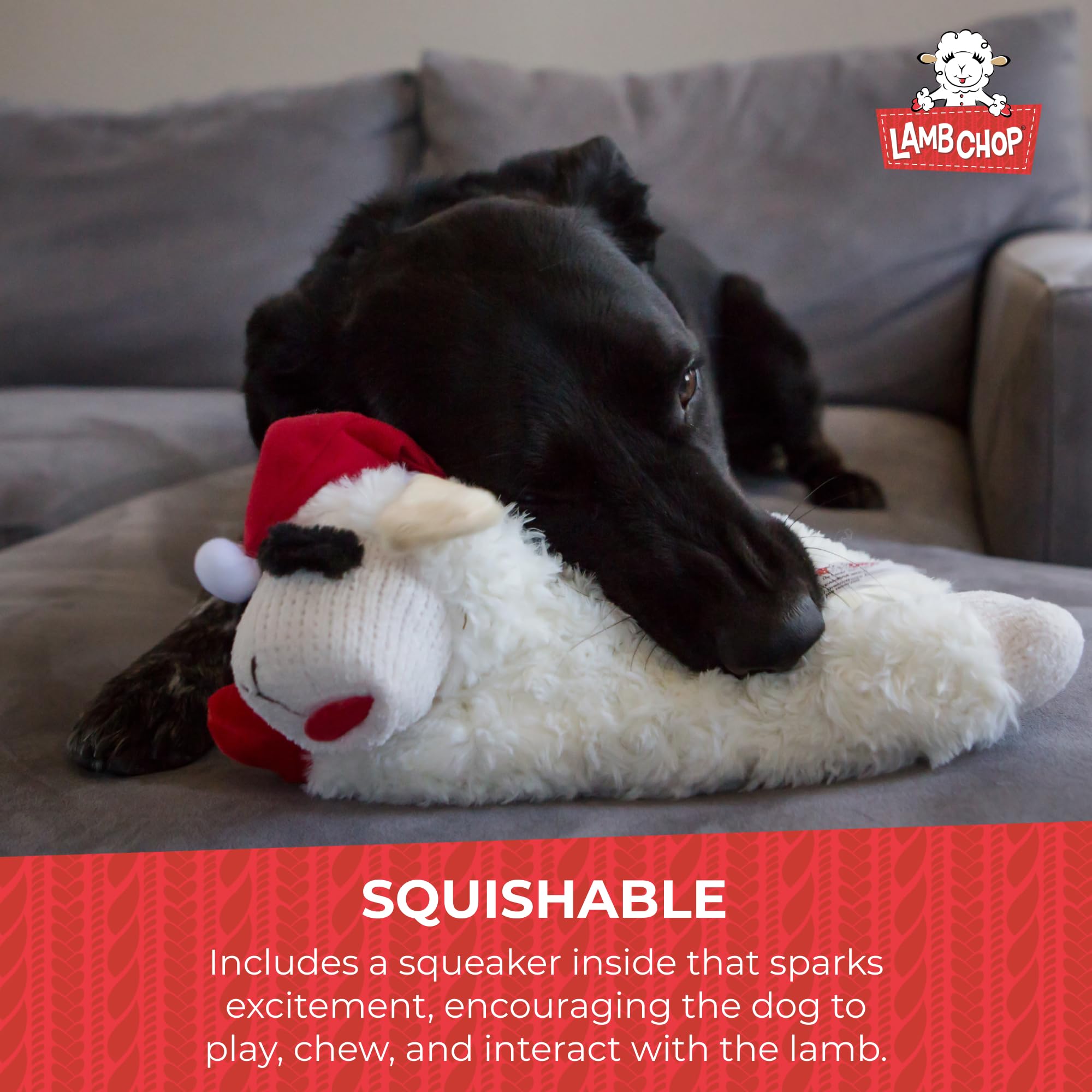 Multipet Lamb Chop Dog Plush Toy W/ Santa Hat - Squeaky Dog Toy For All Dogs - Extra Soft Plush Dog Toy - Stuffed Animal Dog Toy For Cuddling & Playing - Cute Pet Toy (6”, Cream)