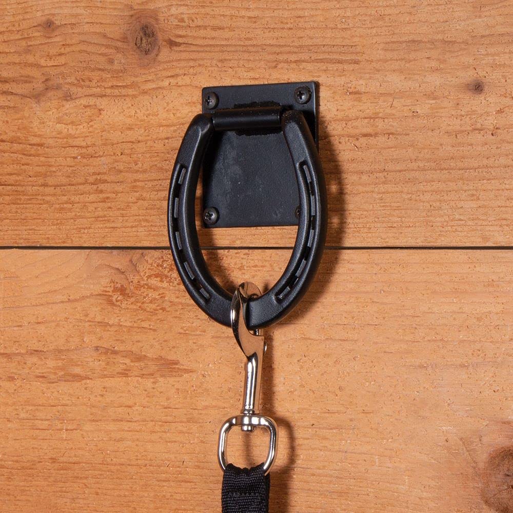 EASY-UP Horseshoe Cross Tie Ring | Ideal for Horse Stables | Stylish & Functional | Secure Mounting | Durable Black Powder Coate