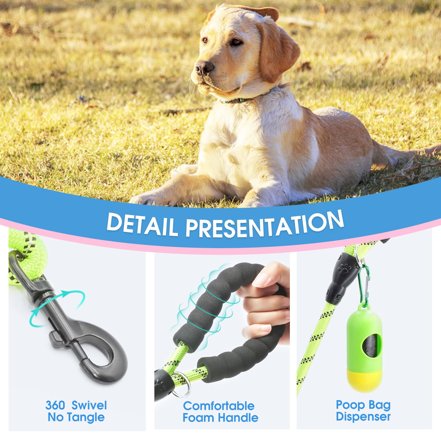 Baapet 2/4/5/6 Ft Dog Leash With Comfortable Padded Handle And Highly Reflective Threads For Small Medium And Large Dogs (4Ft-1/2'', Green)