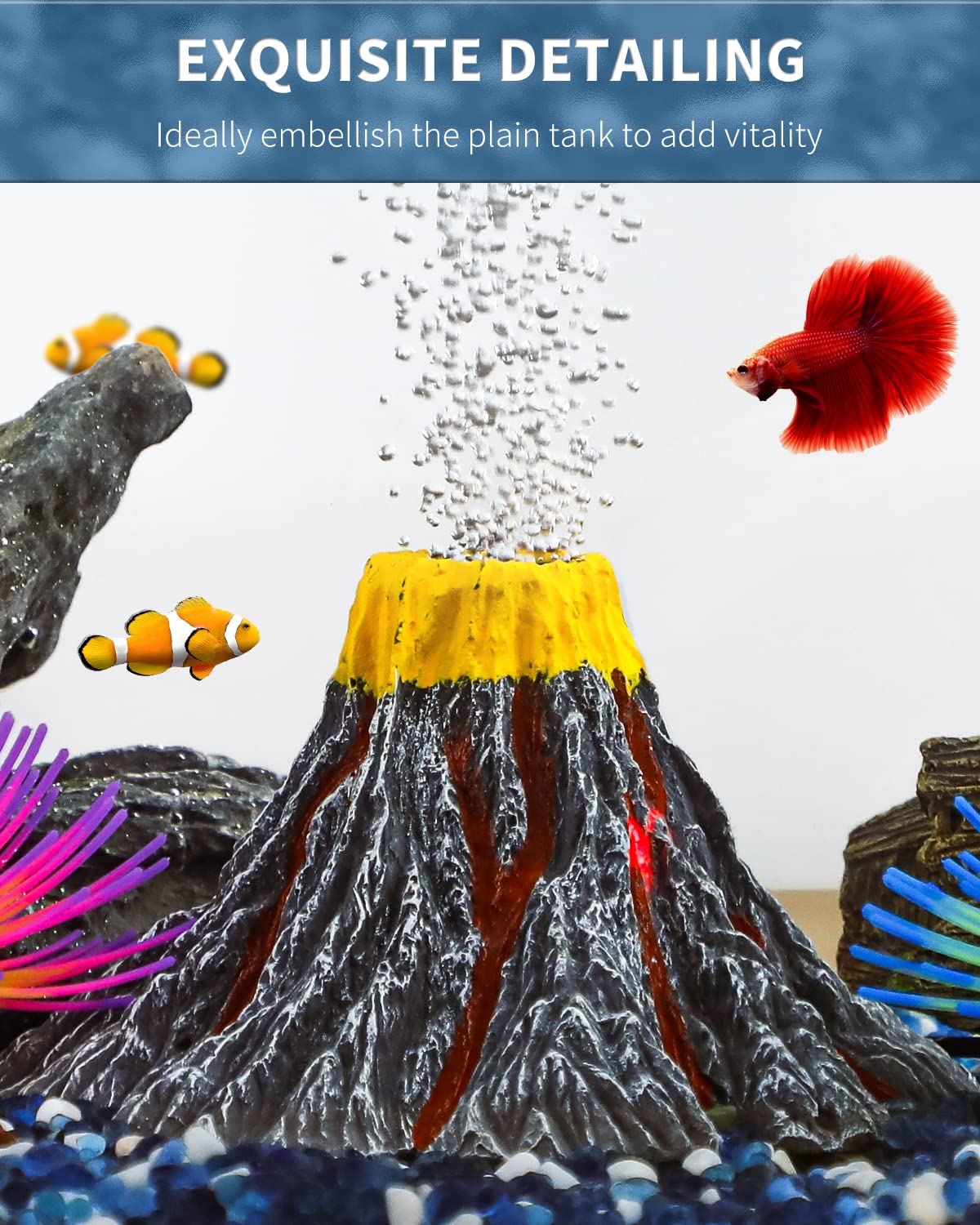 Uniclife Aquarium Volcano Ornament Kit Realistic Resin Volcanic Decoration With Air Stone Bubbler Red Led Light Decor For Fish Tank Landscape Addition And Oxygenation