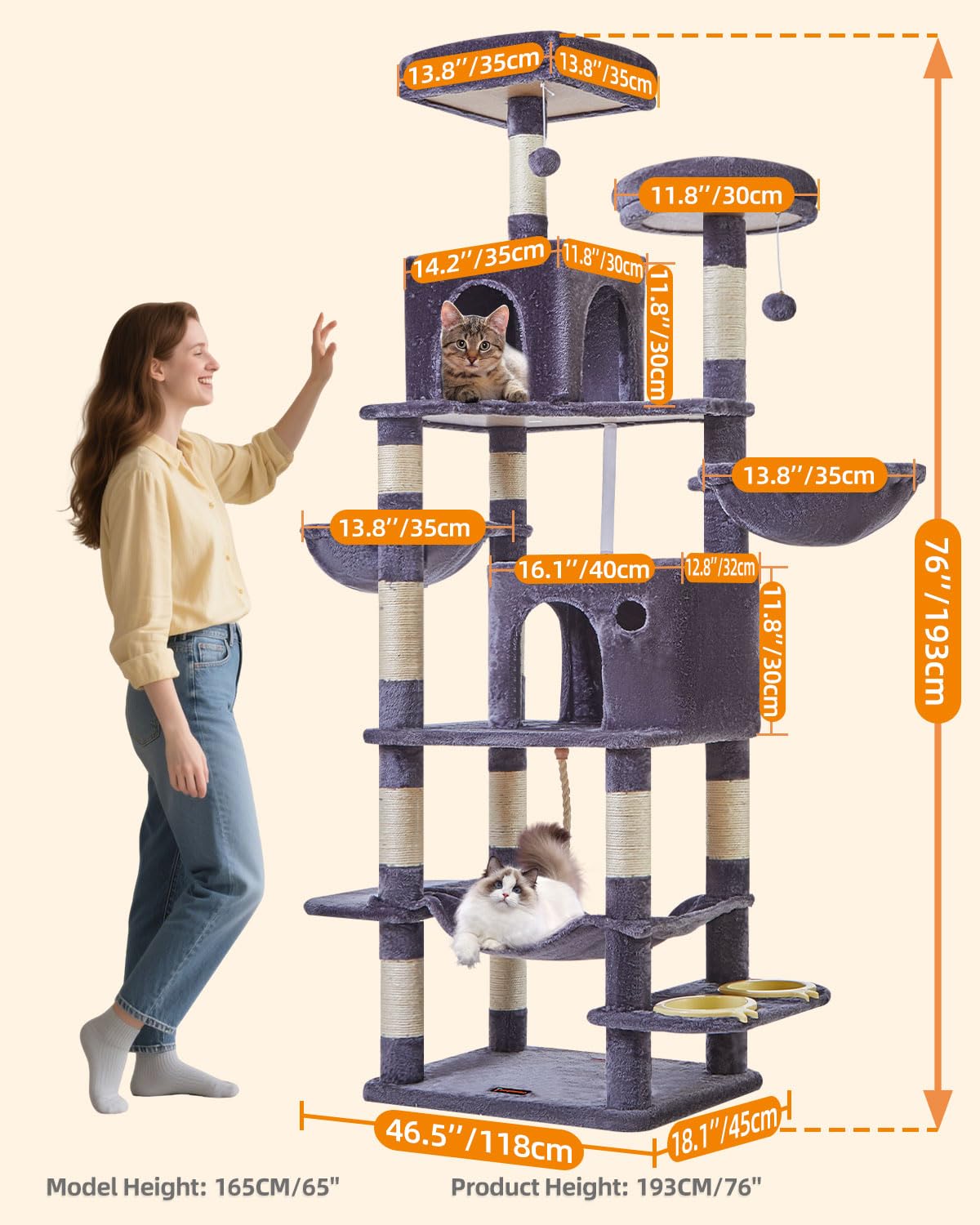 Taoqimiao 76-Inch Cat Tree Cat Tower For Indoor Cats, Plush Multi-Level Cat Condo With 12 Scratching Posts, 2 Perches, 2 Caves,