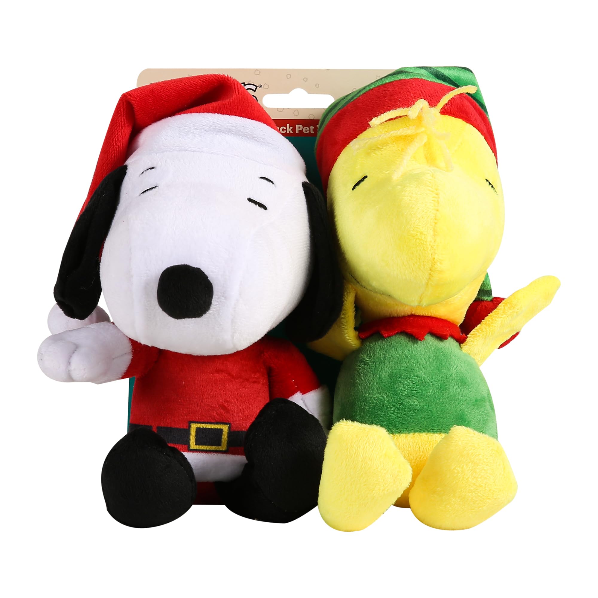 PEANUTS for Pets 9 Inch Holiday Snoopy & Woodstock Big Head Plush Dog Toys with Squeaker | 2 Piece Squeaky Dog Toy Set, Santa Sn