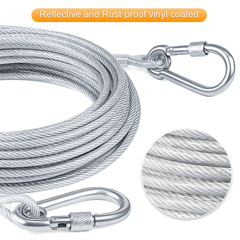 Tresbro 30Ft Reflective Dog Tie Out Cable For Dogs Up To 250 Pounds, Steel Wire Dog Leash Cable With Stainless Dual Fix Buckle,