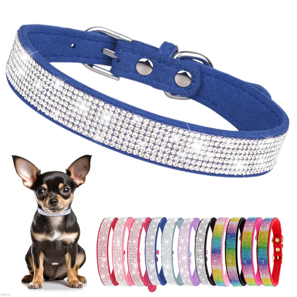 Small Dog Collar With Rhinestone Crystal Diamond Colorful Bling Girl Cat Collars Dark Blue M