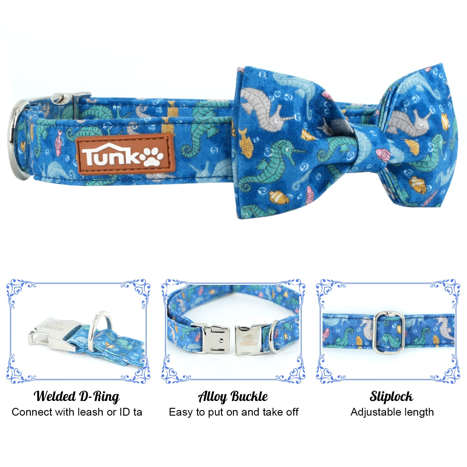 Tunkoo Dog Collar With Bow Tie Elegant Hippocampus Soft Comfy Cotton Adjustable Collar Premium Metal Buckle,Small Medium Large P