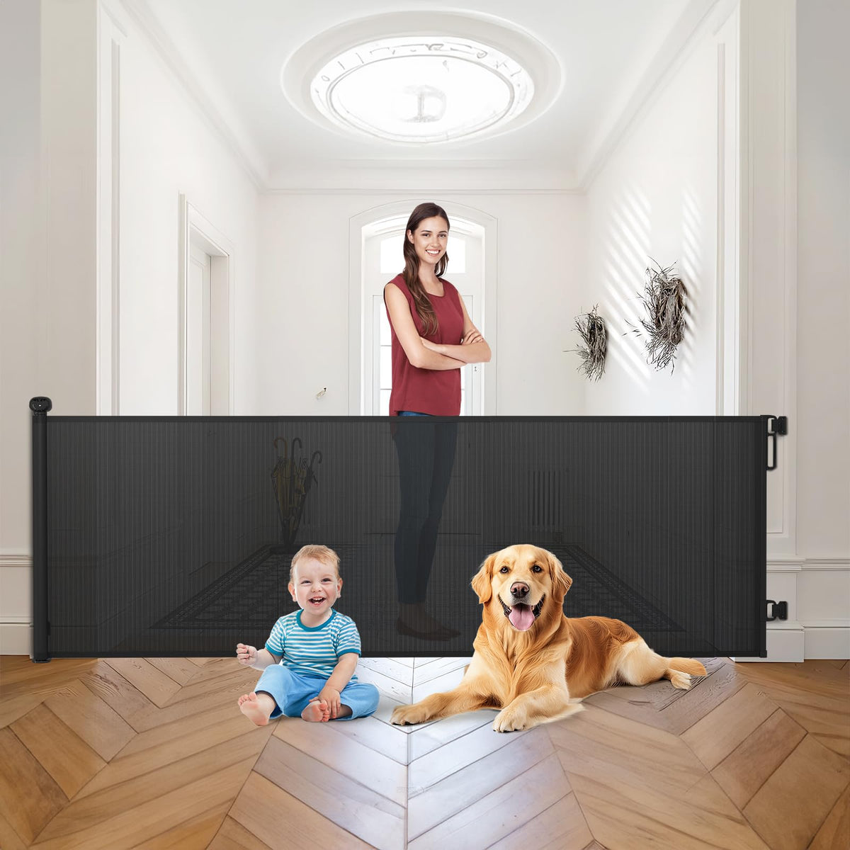 Babepai Retractable Baby Gates Extra Wide | 110' Wide X 34' Tall Dog Gates For Stairs | Indoor/Outdoor Use | Child Gates For Doorways, Deck, Porch, Hallways, Patio - Black