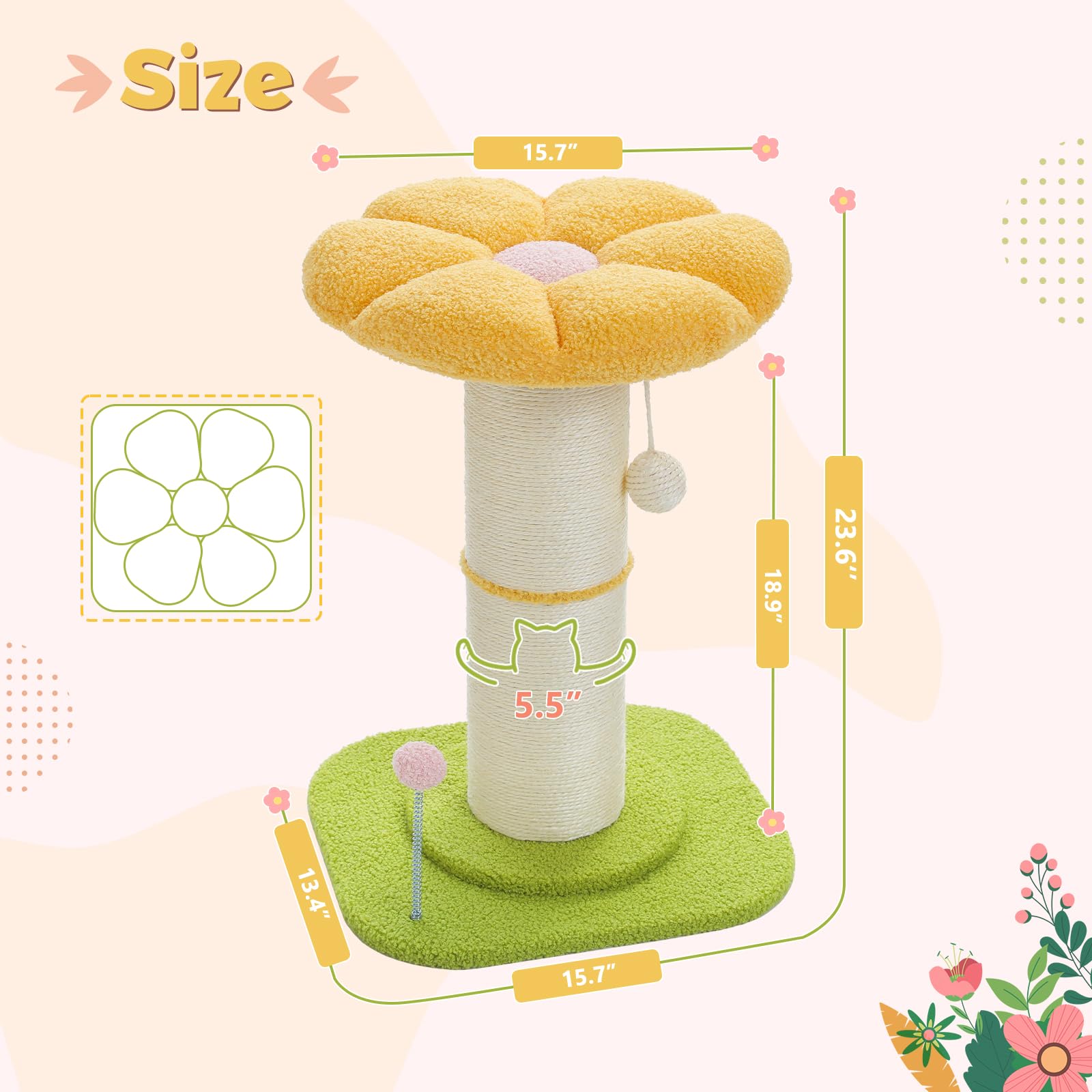 Pequlti Flower Cat Scratching Post, Small Cat Tree, Tall Cat Scratcher For Indoor Cats With Super Thick Scratching Post [Dia=5.5