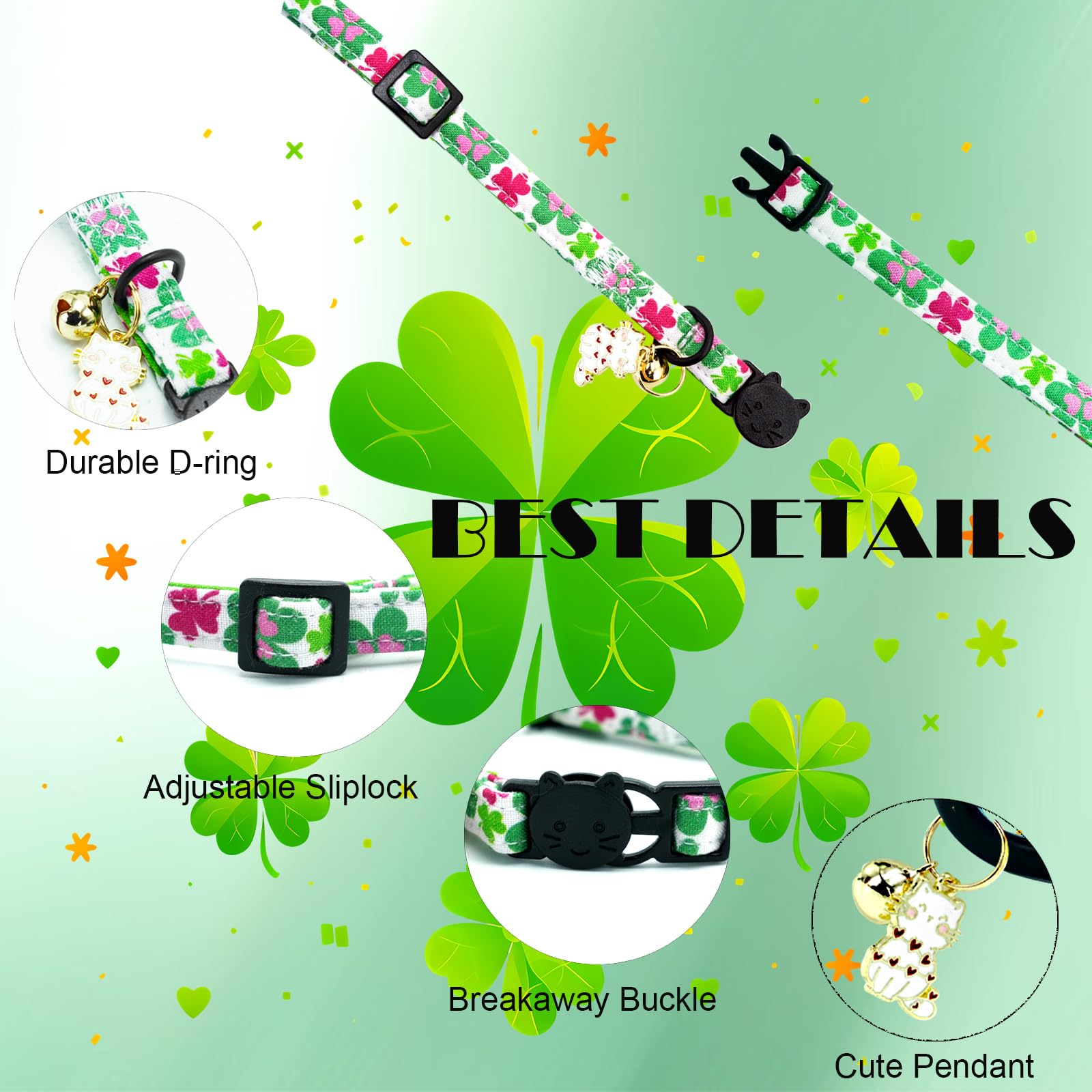 Elegant Little Tail St Patrick'S 2 Pack Cat Collar- Trefoil Print Cotton Breakaway Cat Collars With Bell Pendant Kitten For Boy