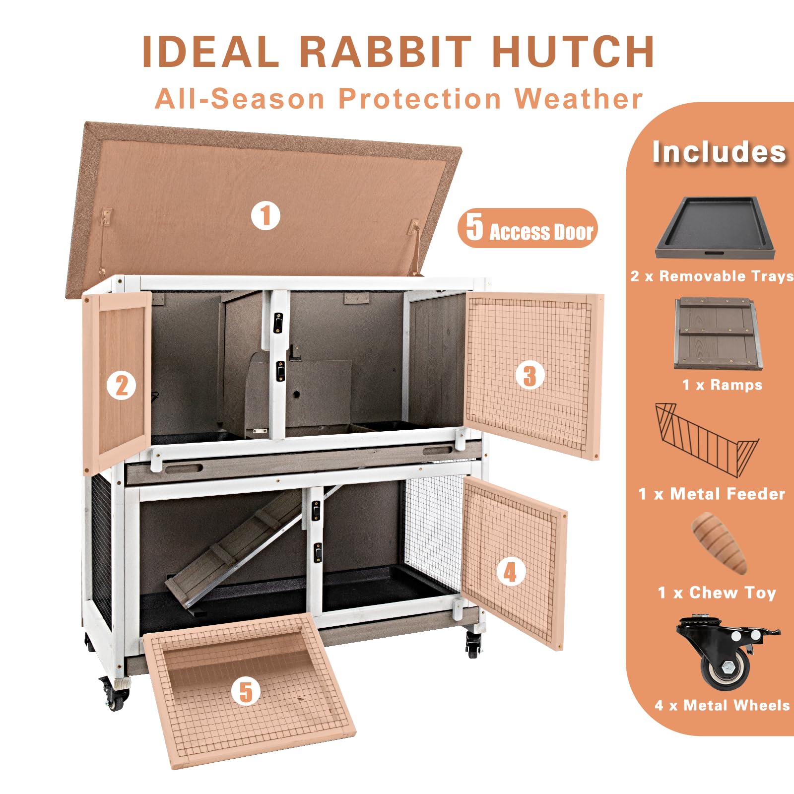 Gowoodhut 36' L Rabbit Hutch Indoor Wooden 2 Story Bunny Hutch Rabbit Cage Outdoor Bunny Cage On 4 Metal Wheels And 2 Deeper Pu