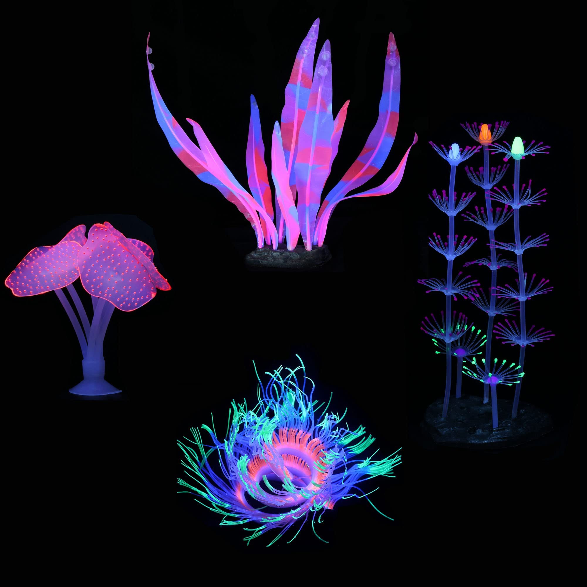 Filhome Glowing Fish Tank Decorations Plants, 4 pcs Glow Aquarium Decorations, Glowing Mushroom Coral Plant Ornaments (Pink Cora
