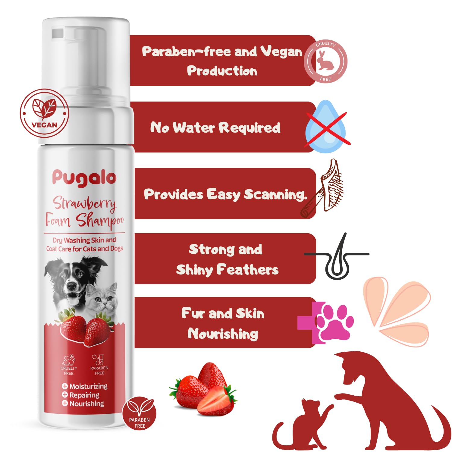 Waterless Cat & Dog Shampoo - 200Ml (6.76Oz) Strawberry Scented Dry Foam Cleanser & Conditioner - No-Rinse Deshedding Shampoo Fo