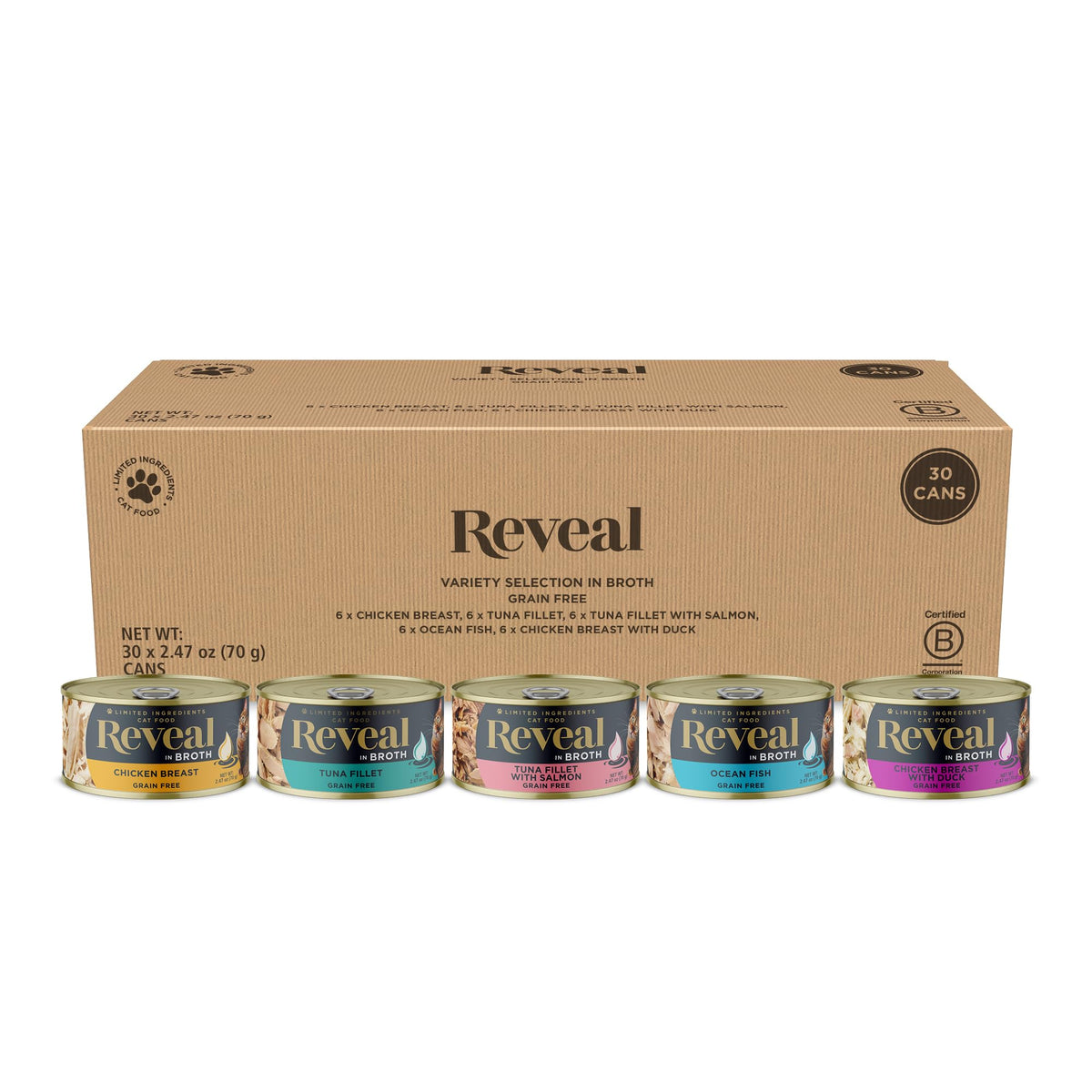 Reveal Natural Wet Cat Food, 30 Count, Grain Free, Limited Ingredient Canned Food For Cats, Fish And Chicken Variety In Broth, 2