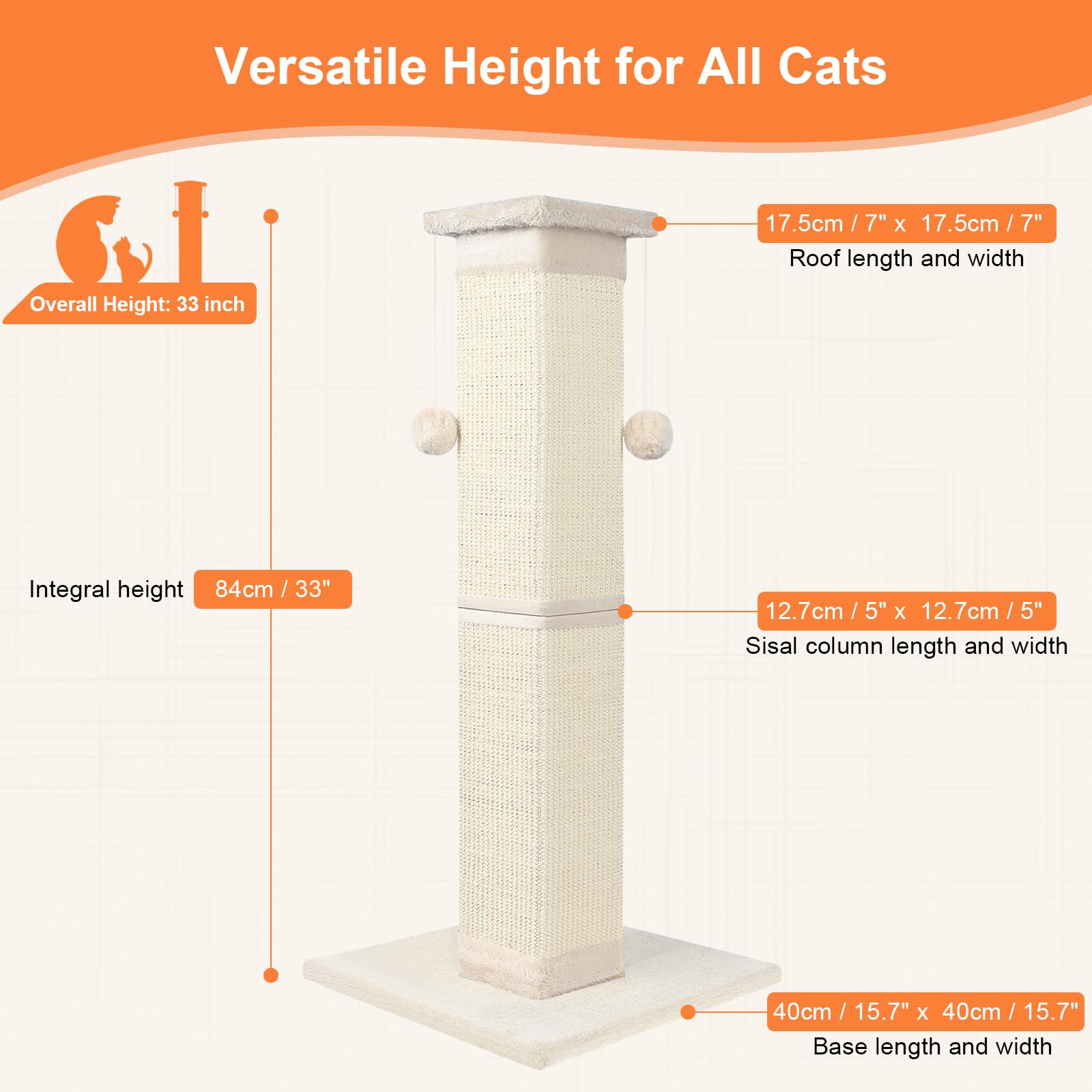 Socater Cat Scratching Post 33 Inch Nature Sisal Cat Scratch Post For Indoor Cats, Large Cat Scratcher Protect Your Furniture, F