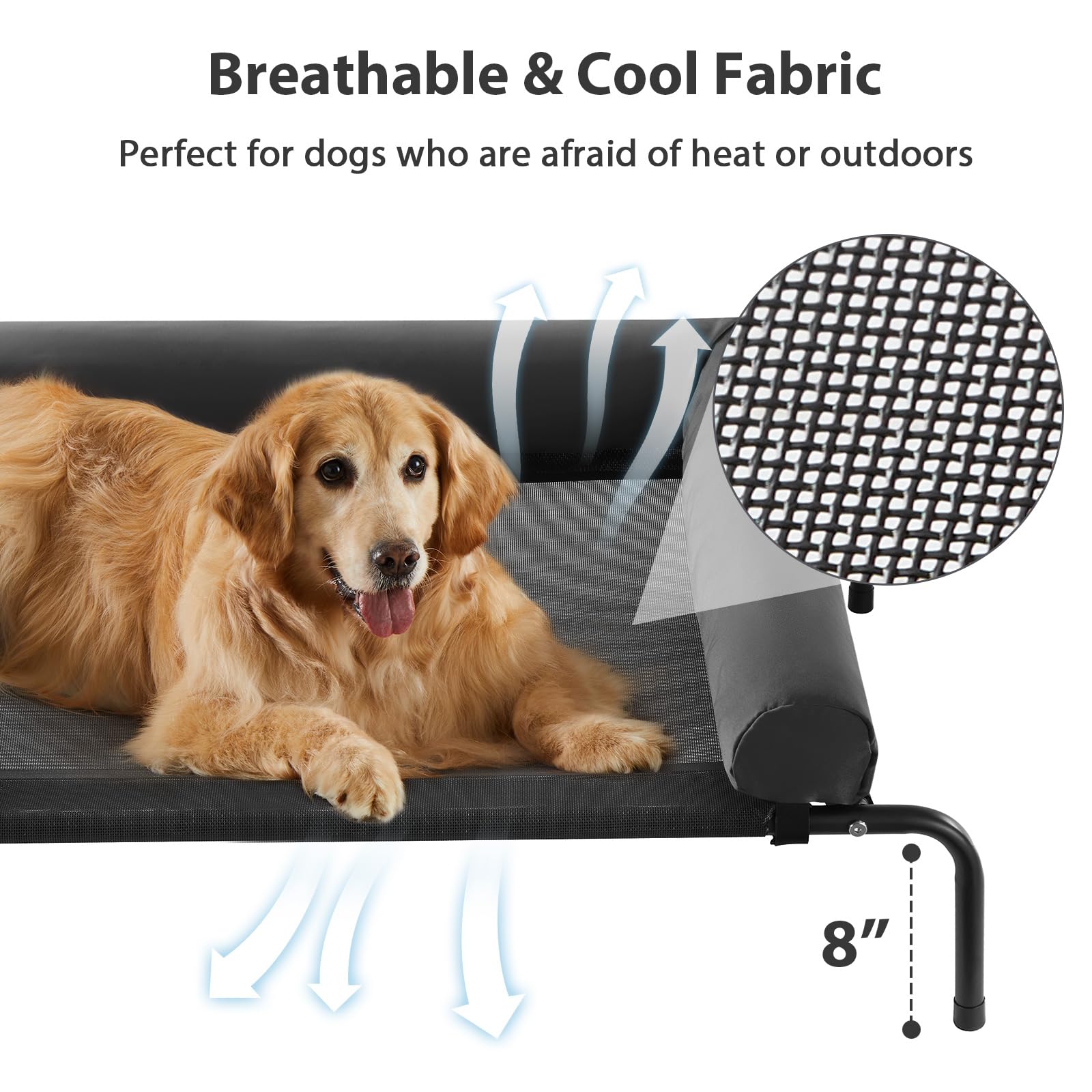 RRPETHOME Large Elevated Cooling Dog Bed, Portable Chew-Proof Pet Cot, 54"x34"x8", Black, Breathable Mesh, Skid-Resistant Feet