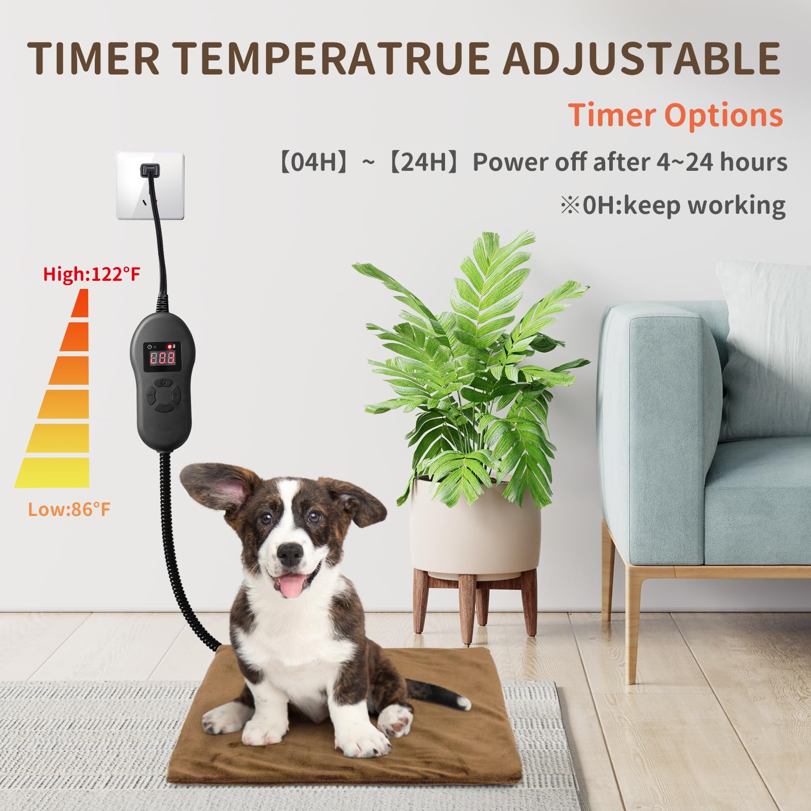 NAMOTEK Pet Heating Pad, Waterproof, Adjustable Temp, 19"x15", Chew Resistant Cord, Auto Power-Off, Model 01-NA-PHP, Brown