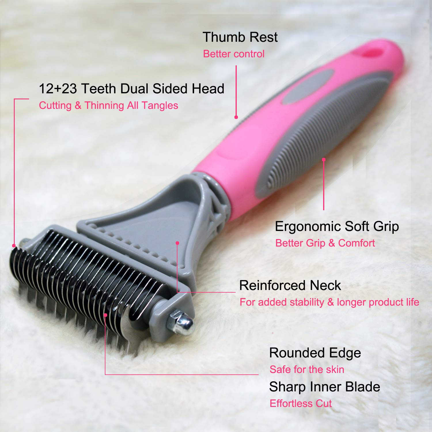 Pet Dematting Comb - 2 Sided Undercoat Rake For Cats & Dogs - Safe Grooming Tool For Easy Mats & Tangles Removing - Medium And L